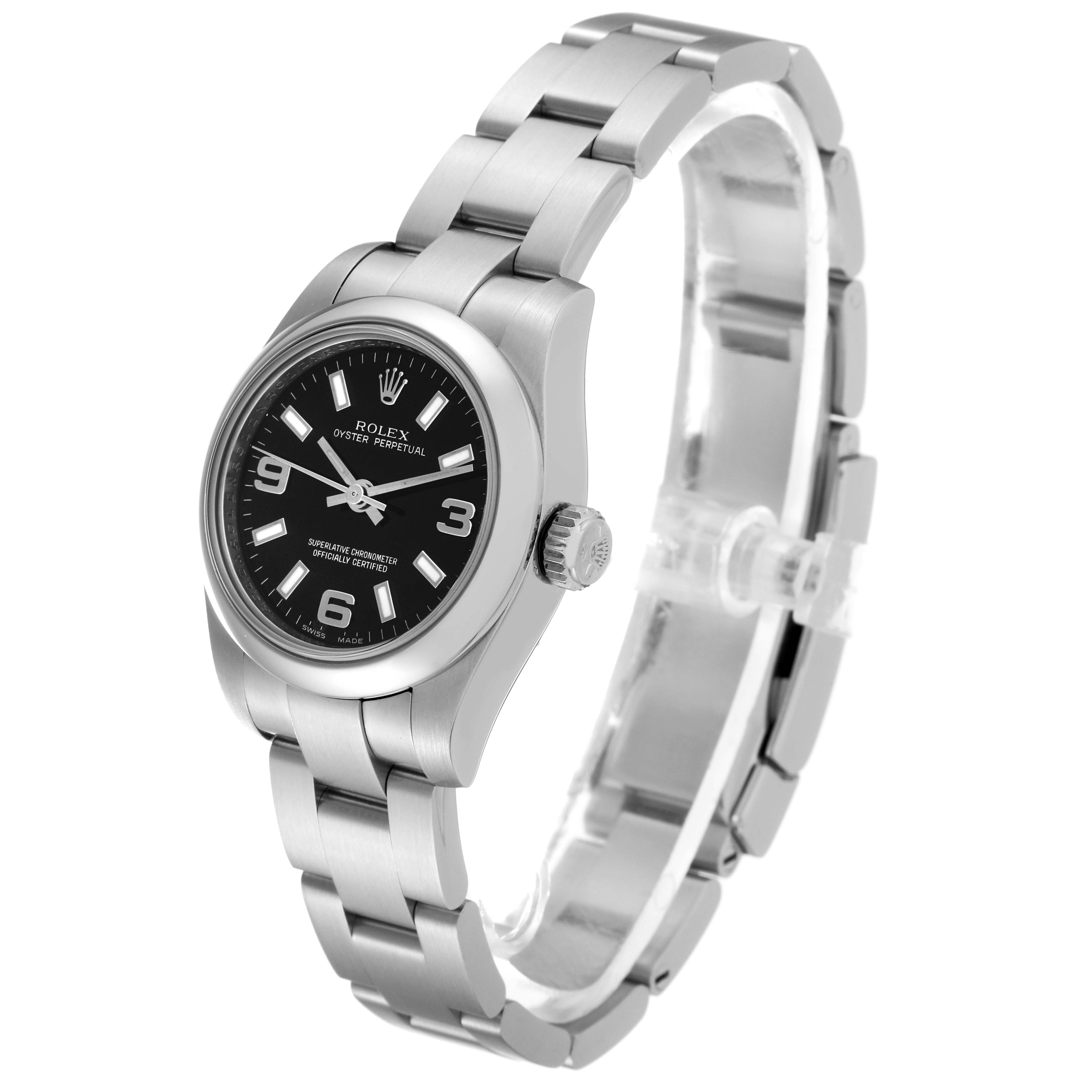 This image shows a side angle view of a Rolex Oyster Perpetual 176200 Women's Stainless Steel Black Dial 176200 Women's Stainless Steel Black Dial watch, showcasing the face, crown, and bracelet.