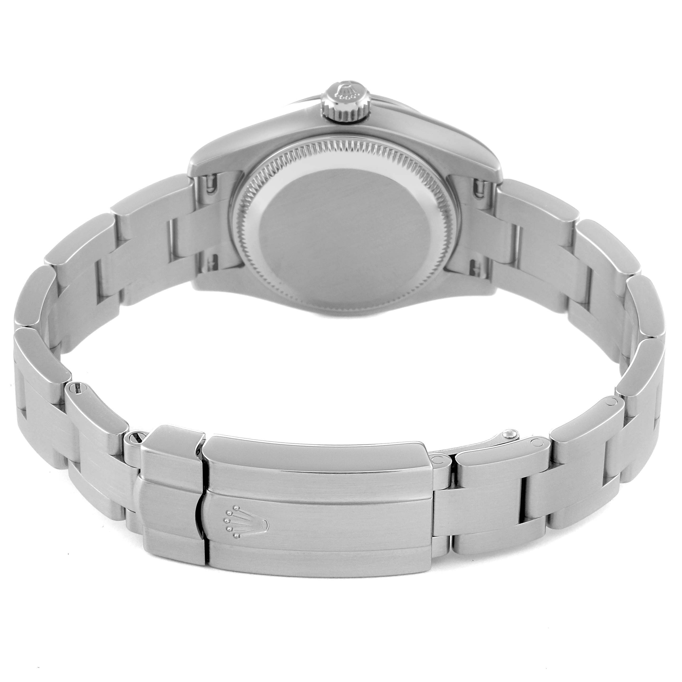 The image shows the back case and bracelet of a Rolex Oyster Perpetual 176200 Women's Stainless Steel Black Dial 176200 Women's Stainless Steel Black Dial watch from a rear angle.