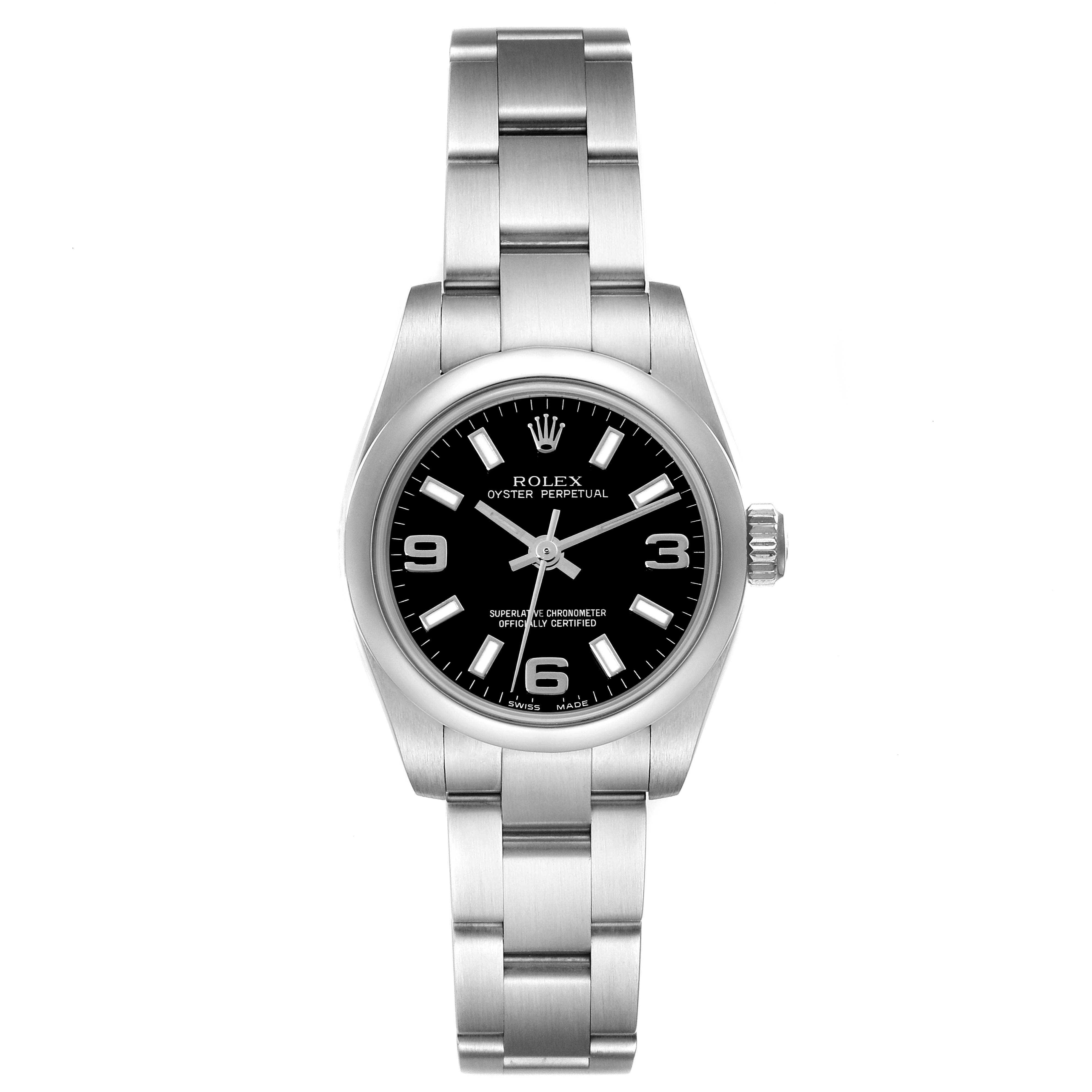The Rolex Oyster Perpetual 176200 Women's Stainless Steel Black Dial 176200 Women's Stainless Steel Black Dial watch is shown from a top-down angle, displaying the entire bracelet, dial, and crown.