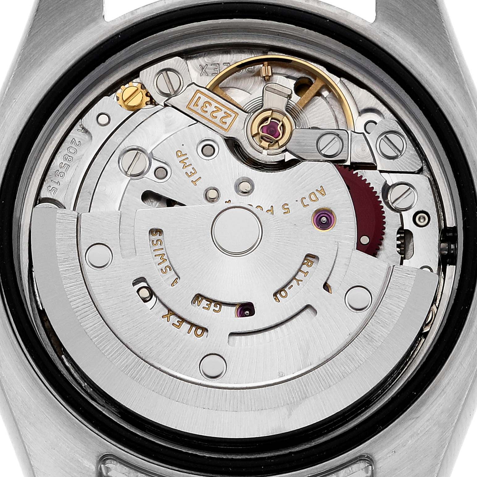 The image shows a close-up view of the Rolex Oyster Perpetual 176200 Women's Stainless Steel Black Dial 176200 Women's Stainless Steel Black Dial model's internal mechanics.