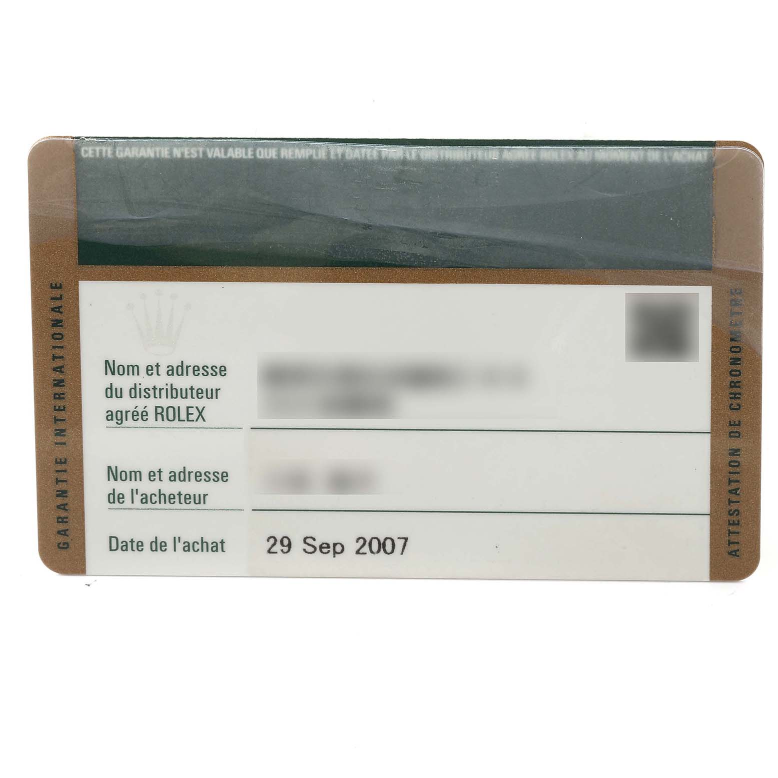 This image shows the front of the international guarantee card for the Rolex Oyster Perpetual 176200 Women's Stainless Steel Black Dial 176200 Women's Stainless Steel Black Dial model.