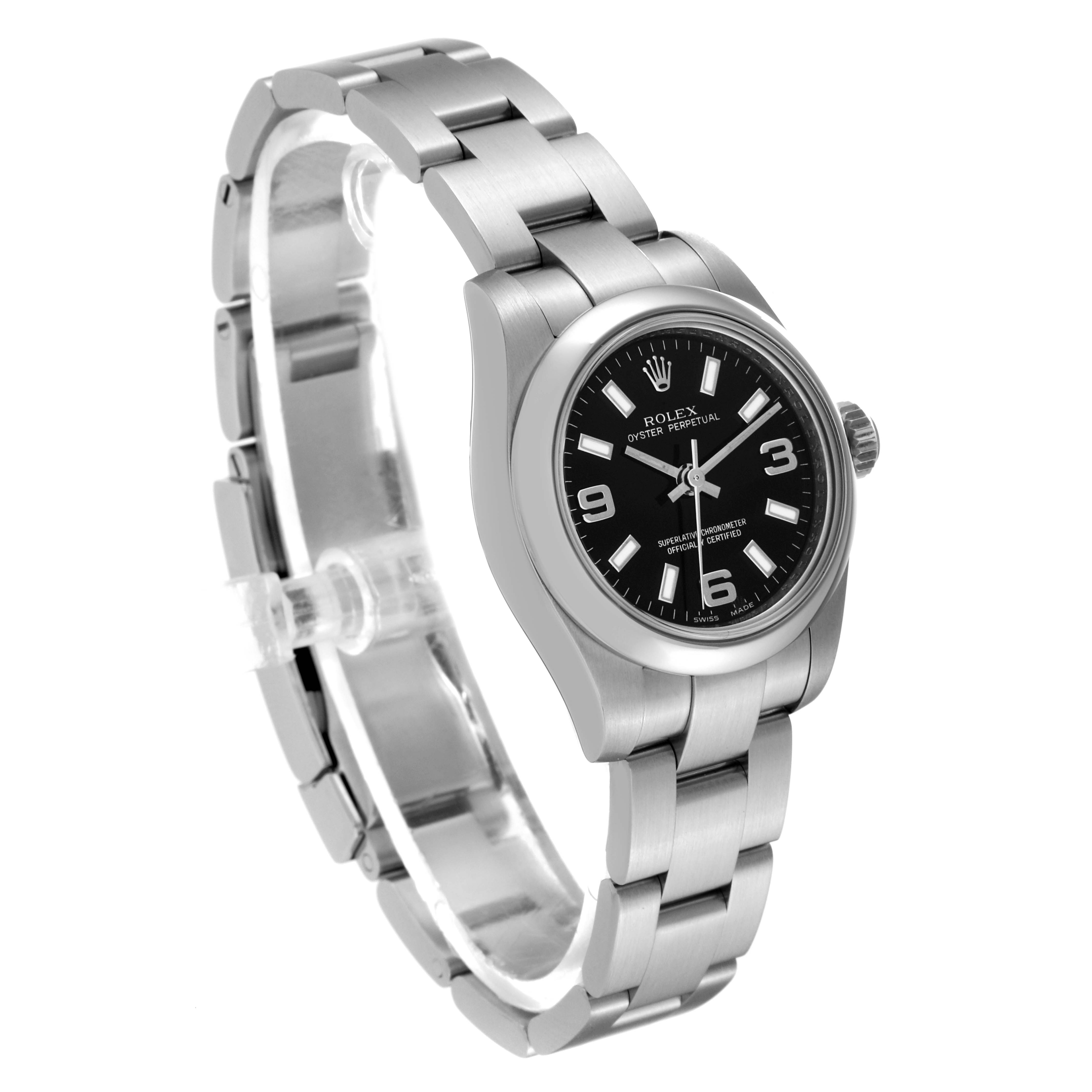 The image shows a full view of a Rolex Oyster Perpetual 176200 Women's Stainless Steel Black Dial 176200 Women's Stainless Steel Black Dial watch, including its stainless steel bracelet and black dial, shot at a three-quarter angle.