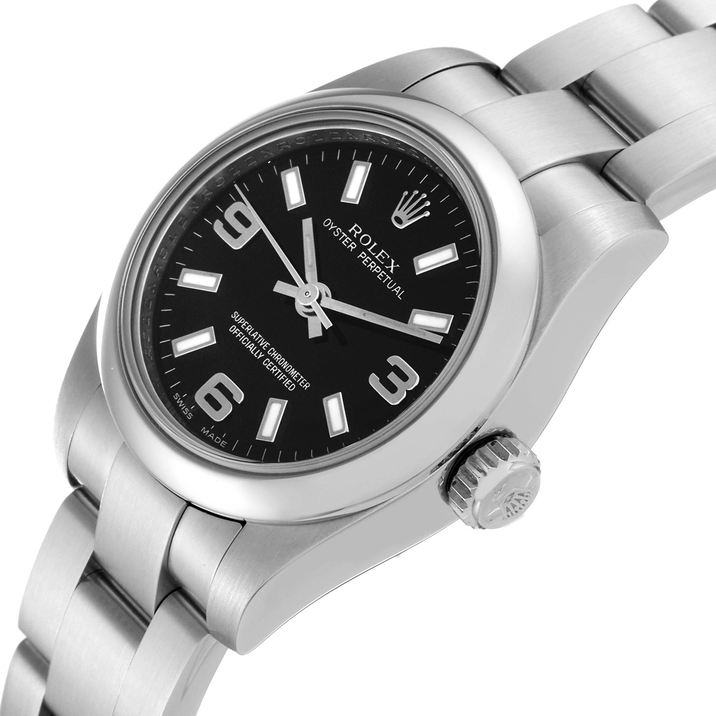 The Rolex Oyster Perpetual 176200 Women's Stainless Steel Black Dial 176200 Women's Stainless Steel Black Dial watch is shown at a tilted angle, highlighting the dial, bezel, crown, and part of the bracelet.