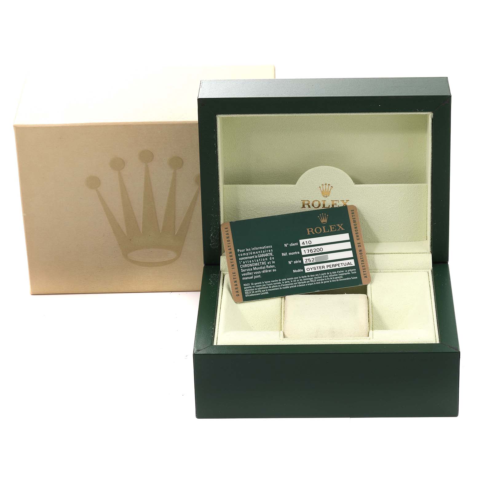 The image shows a Rolex Oyster Perpetual 176200 Women's Stainless Steel Black Dial 176200 Women's Stainless Steel Black Dial watch box and an authenticity card placed inside the open box.