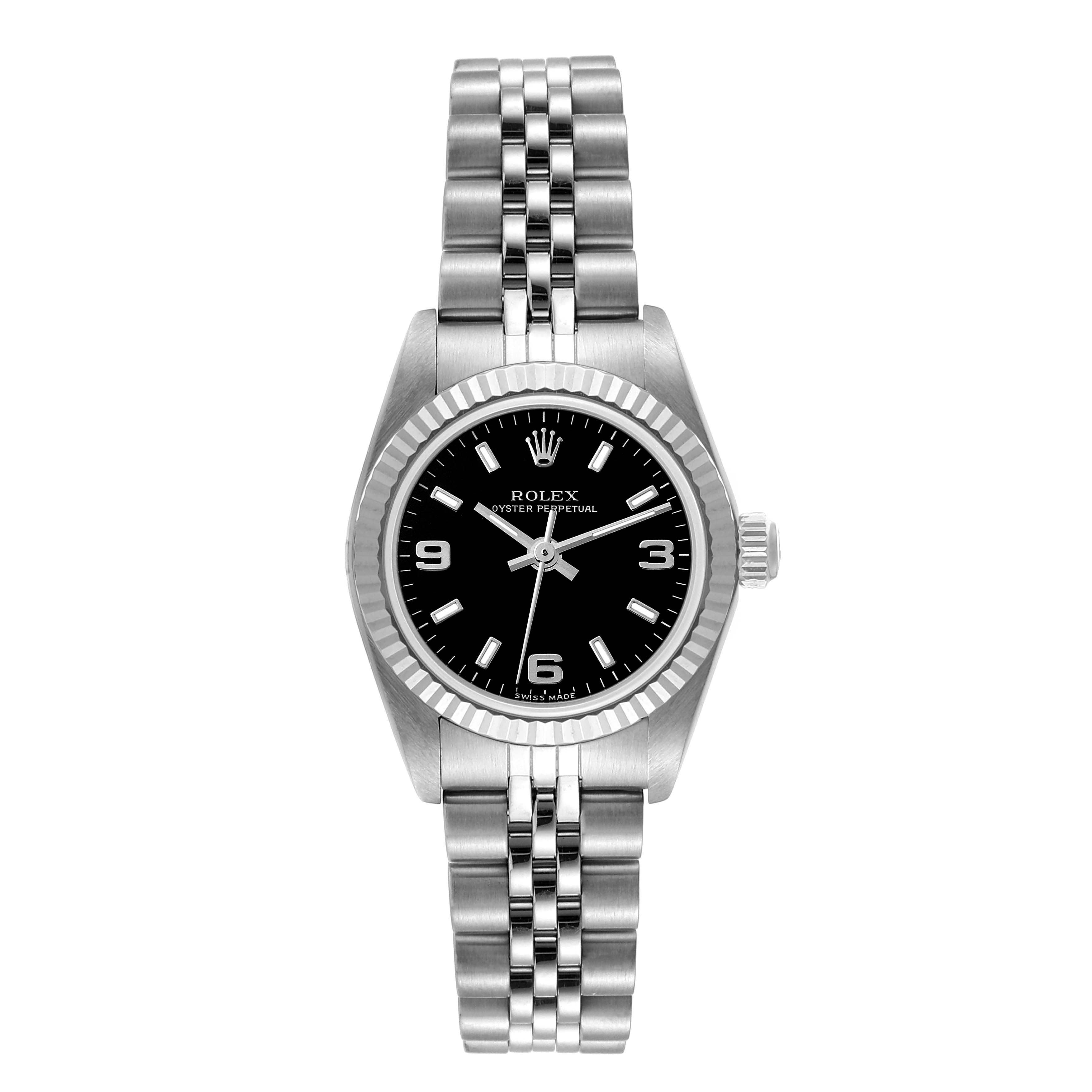 This image shows a Rolex Oyster Perpetual 76094 Women's Stainless Steel Black Dial 76094 Women's Stainless Steel Black Dial watch from a front angle, featuring the watch face and stainless steel bracelet.