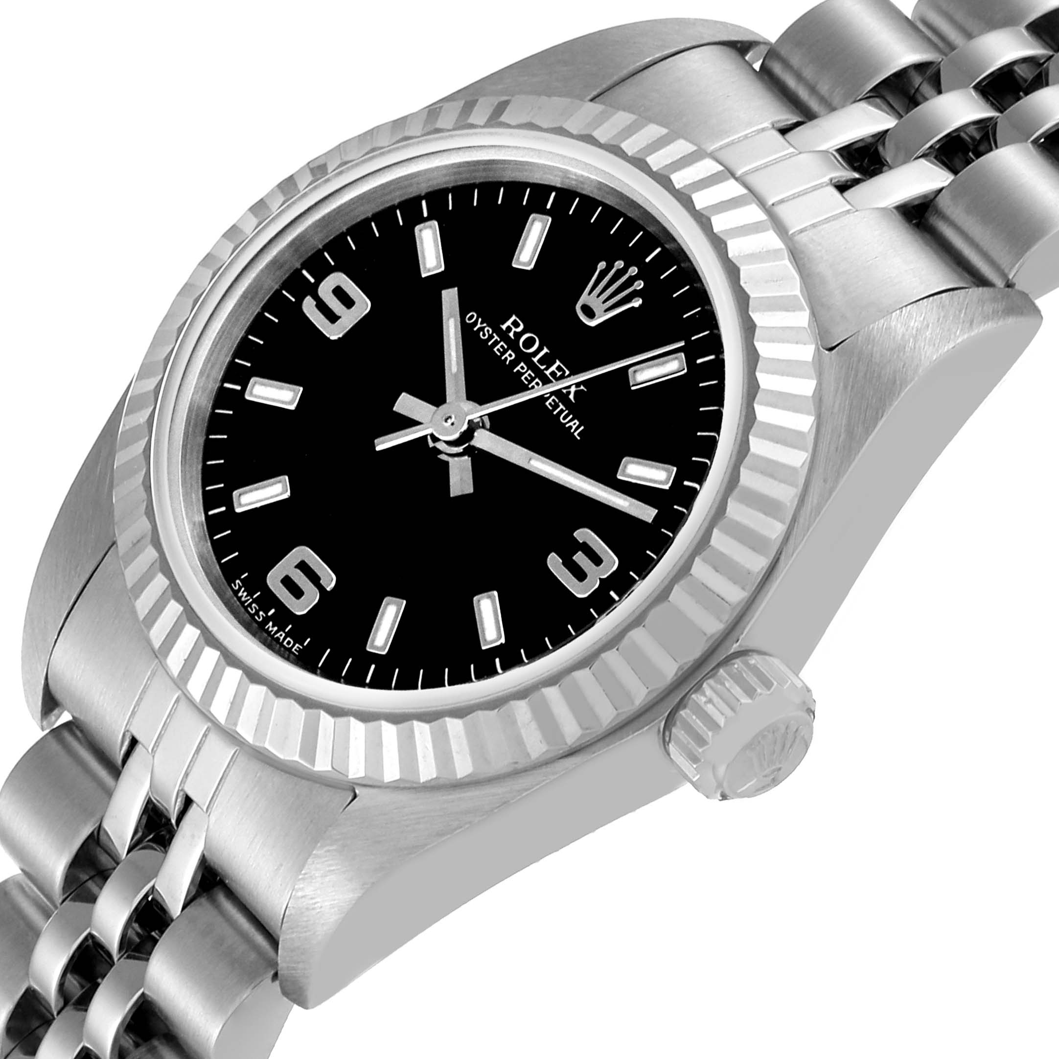 The image shows an angled view of a Rolex Oyster Perpetual 76094 Women's Stainless Steel Black Dial 76094 Women's Stainless Steel Black Dial watch, displaying its face, bezel, crown, and part of the bracelet.