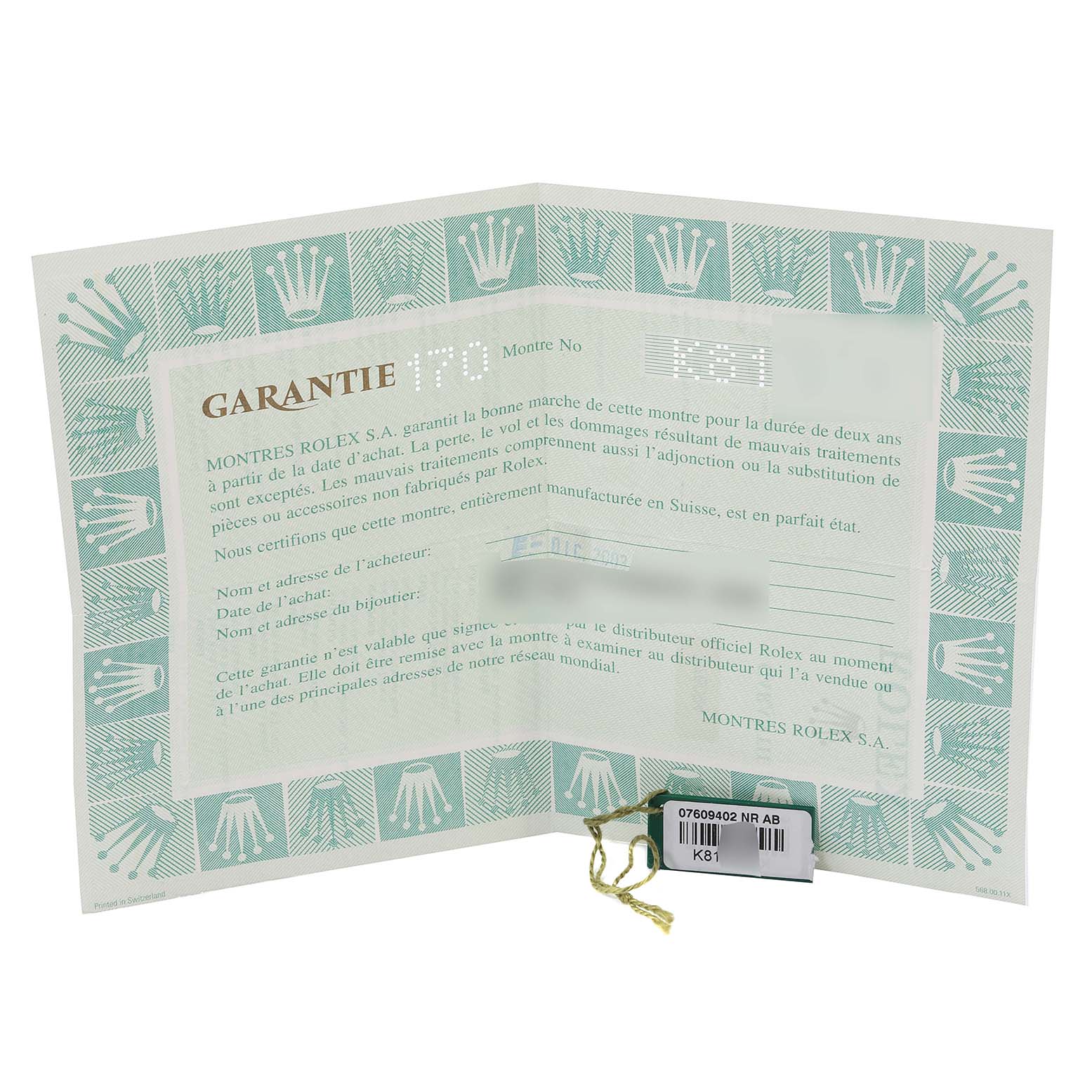 The image shows the warranty booklet and tag for a Rolex Oyster Perpetual 76094 Women's Stainless Steel Black Dial 76094 Women's Stainless Steel Black Dial watch.