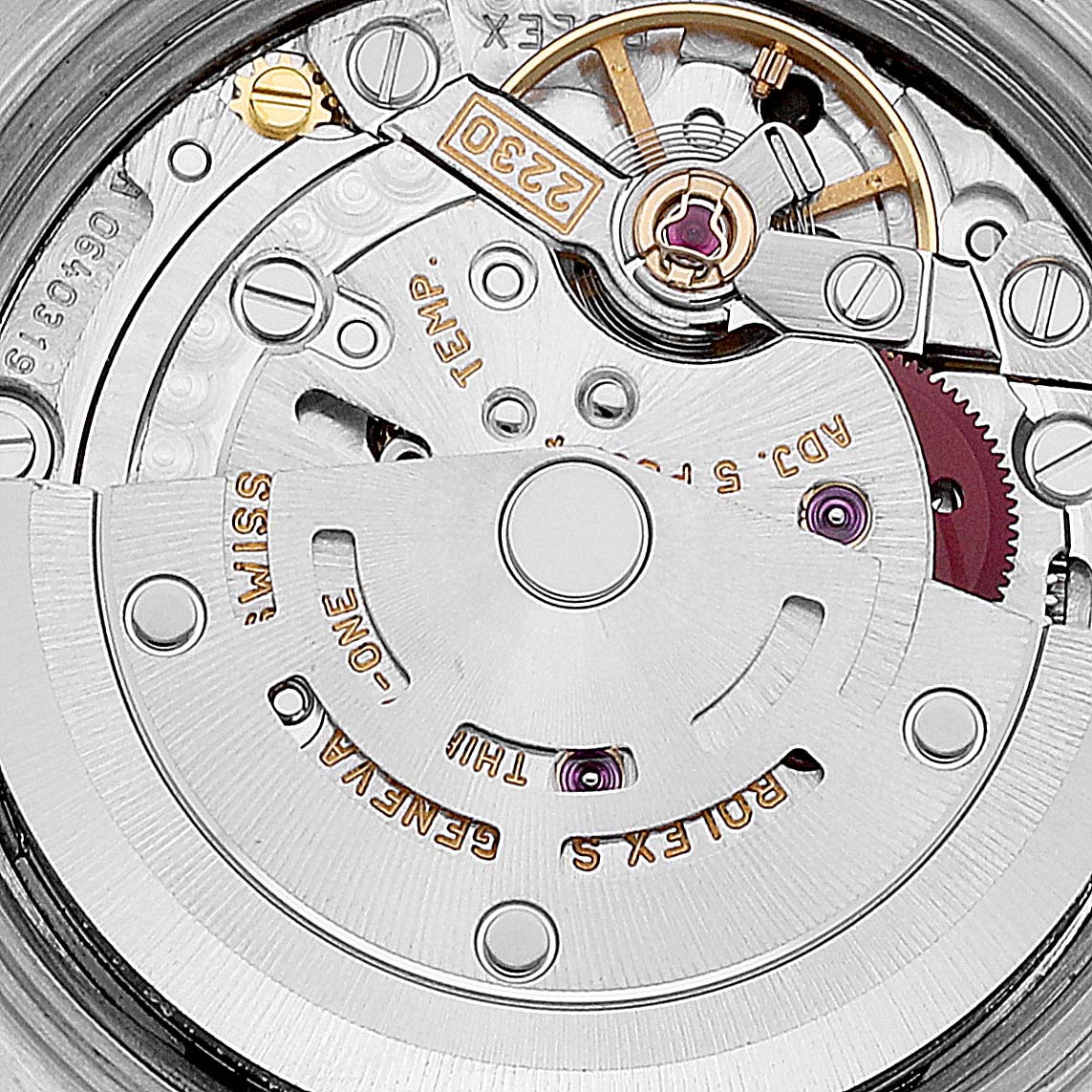 This image shows a close-up view of the internal movement parts of a Rolex Oyster Perpetual 76094 Women's Stainless Steel Black Dial 76094 Women's Stainless Steel Black Dial watch from a top-angle perspective.