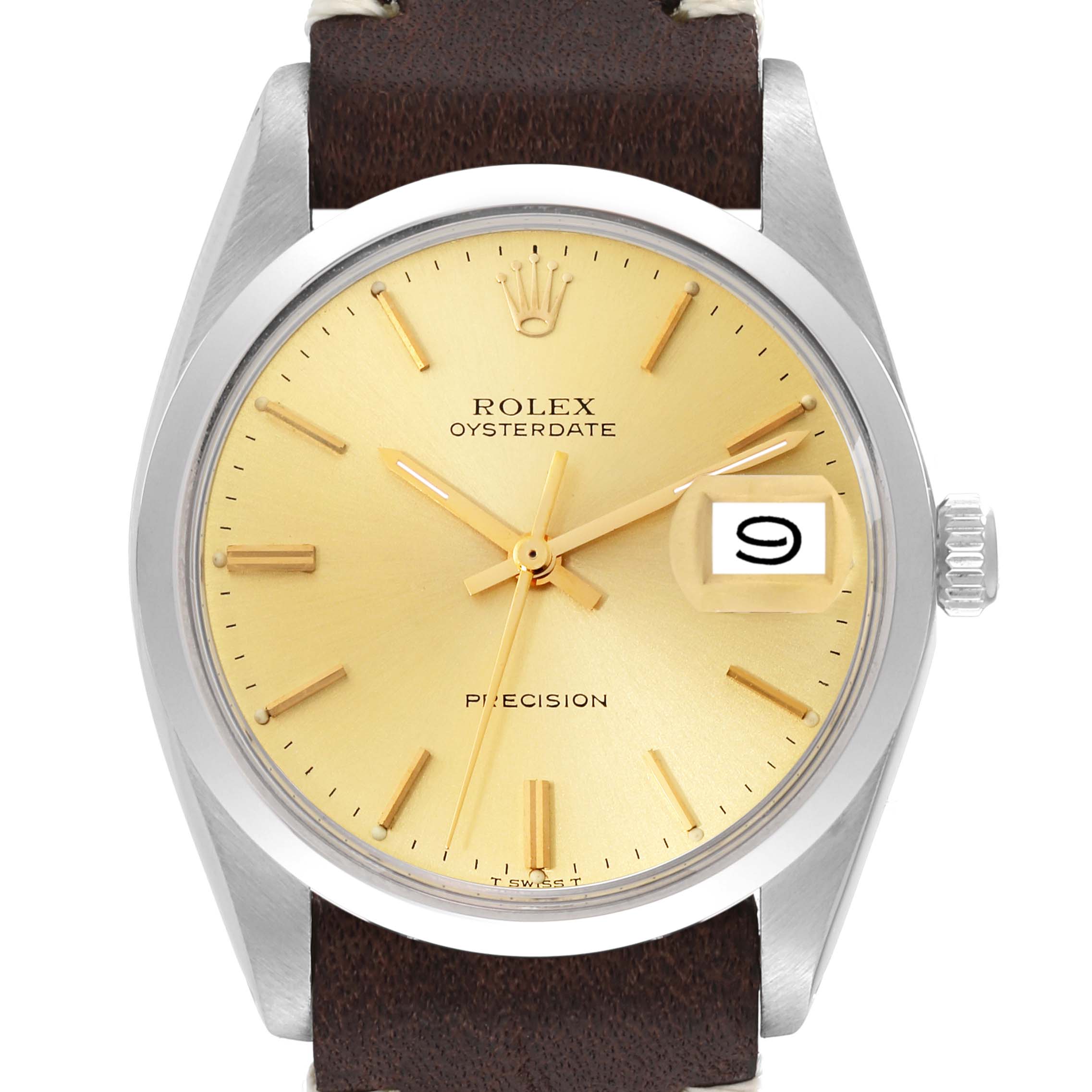 The image shows a front view of the Vintage Collection model by Rolex, featuring the dial, hands, date window, crown, and part of the leather strap.