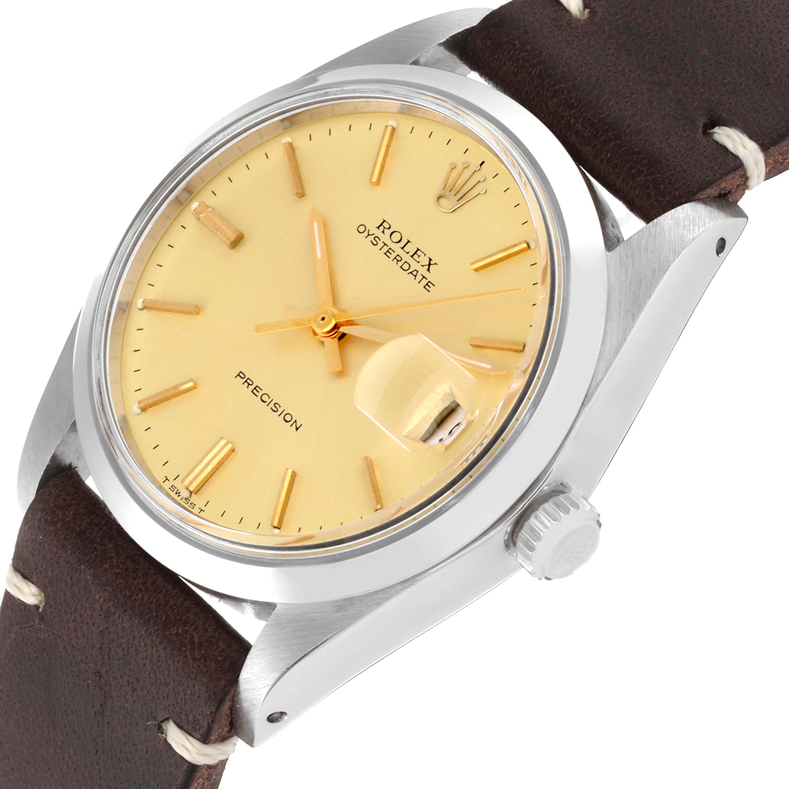 The image shows a side angle of the Rolex Vintage Collection 6694 Men's Stainless Steel Champagne Dial 6694 Men's Stainless Steel Champagne Dial Oysterdate watch, highlighting its face, bezel, crown, and leather strap.