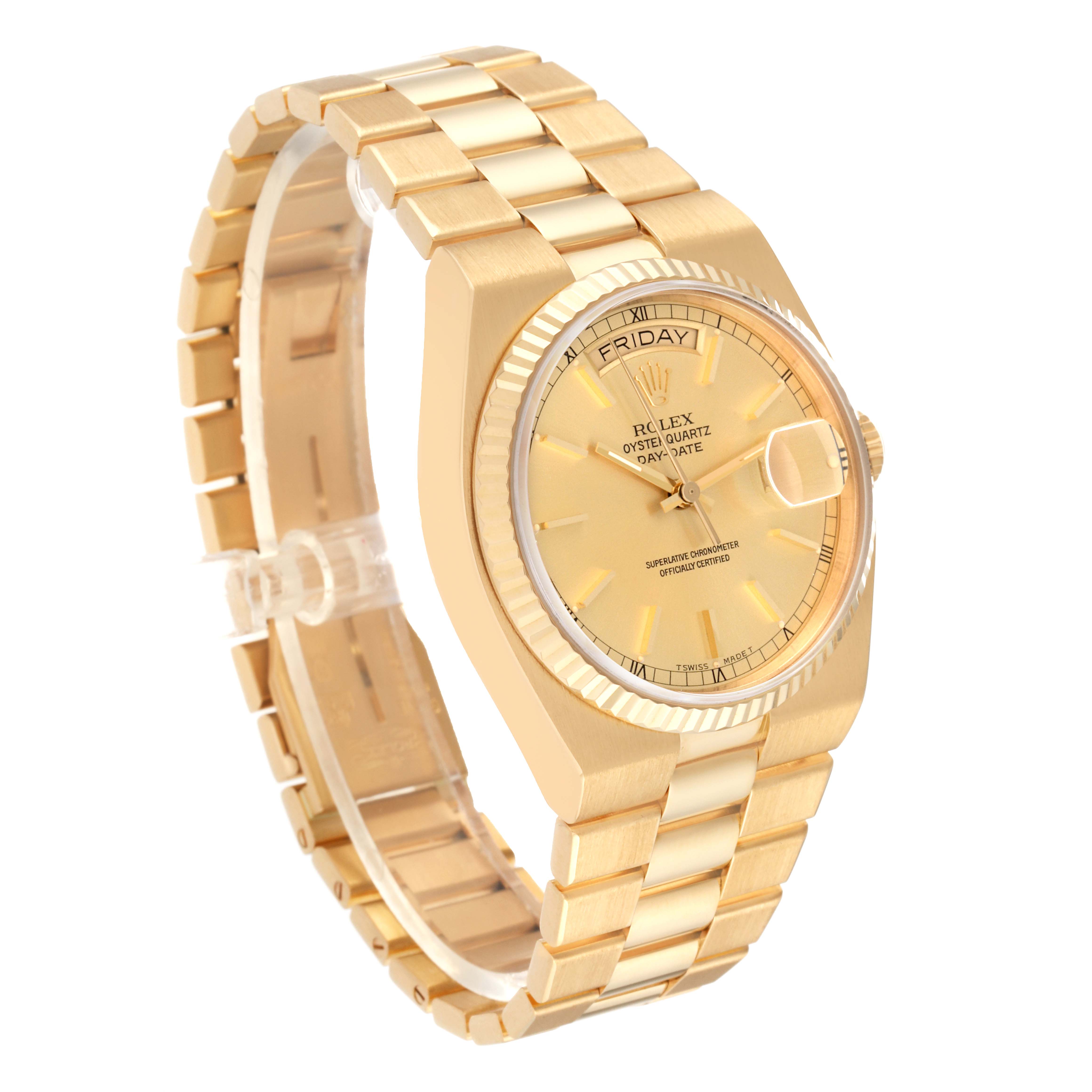 The image shows the Rolex Oysterquartz 19018 Men's Yellow Gold Champagne Dial 19018 Men's Yellow Gold Champagne Dial watch at a three-quarter angle, displaying the bracelet, case, dial, and crown.