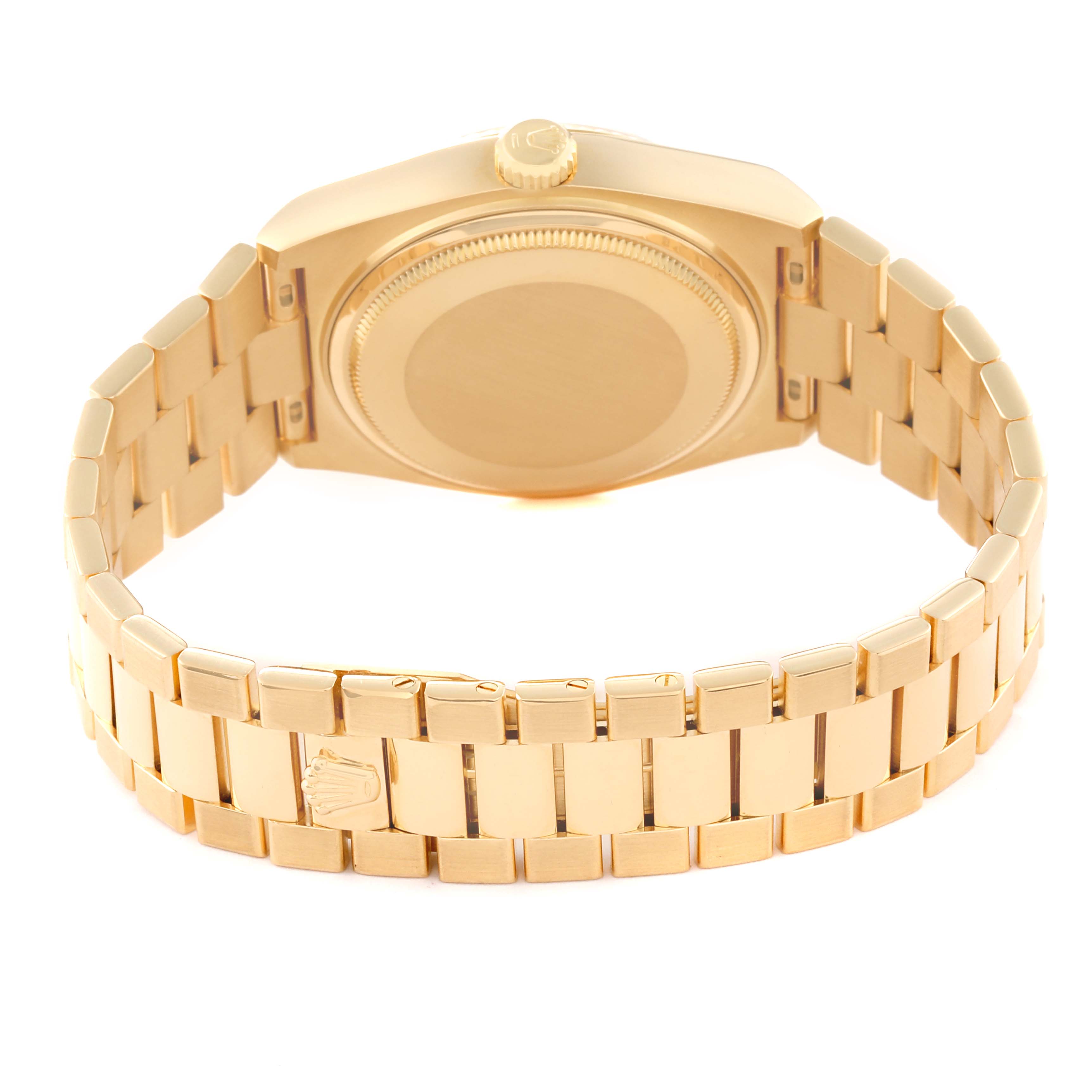 The image shows the back, band, and clasp of a Rolex Oysterquartz 19018 Men's Yellow Gold Champagne Dial 19018 Men's Yellow Gold Champagne Dial watch from a rear angle.