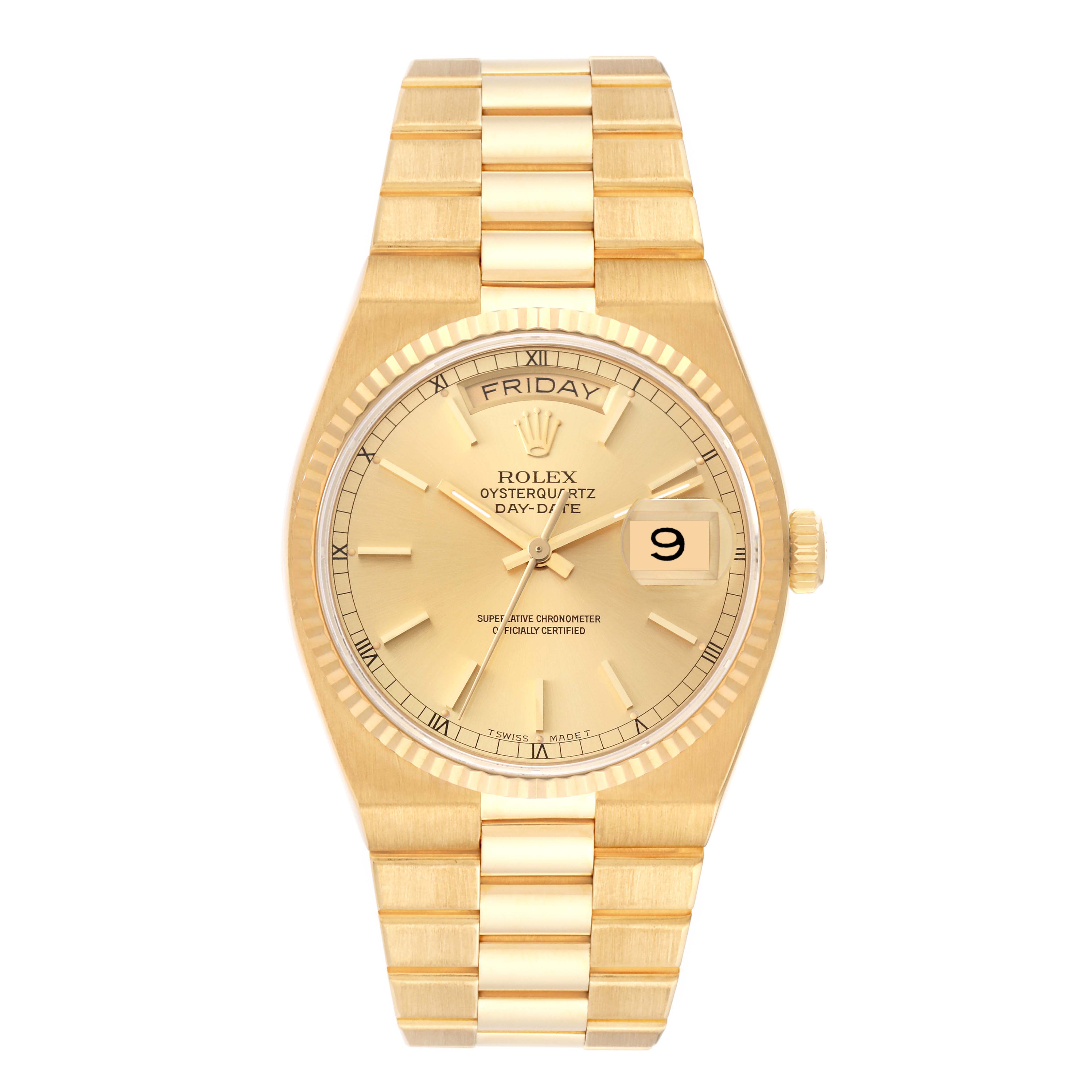 The image shows a Rolex Oysterquartz 19018 Men's Yellow Gold Champagne Dial 19018 Men's Yellow Gold Champagne Dial watch from a front angle, displaying the face, dial, and bracelet.