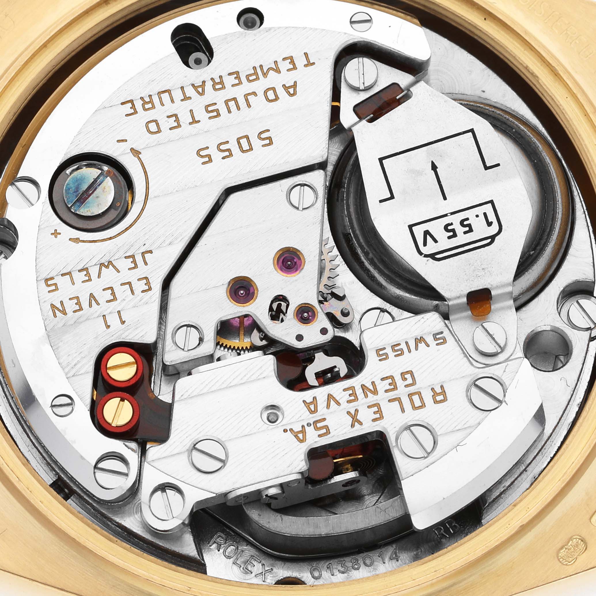 The image shows the inner mechanism of a Rolex Oysterquartz 19018 Men's Yellow Gold Champagne Dial 19018 Men's Yellow Gold Champagne Dial watch, focusing on the movement components.