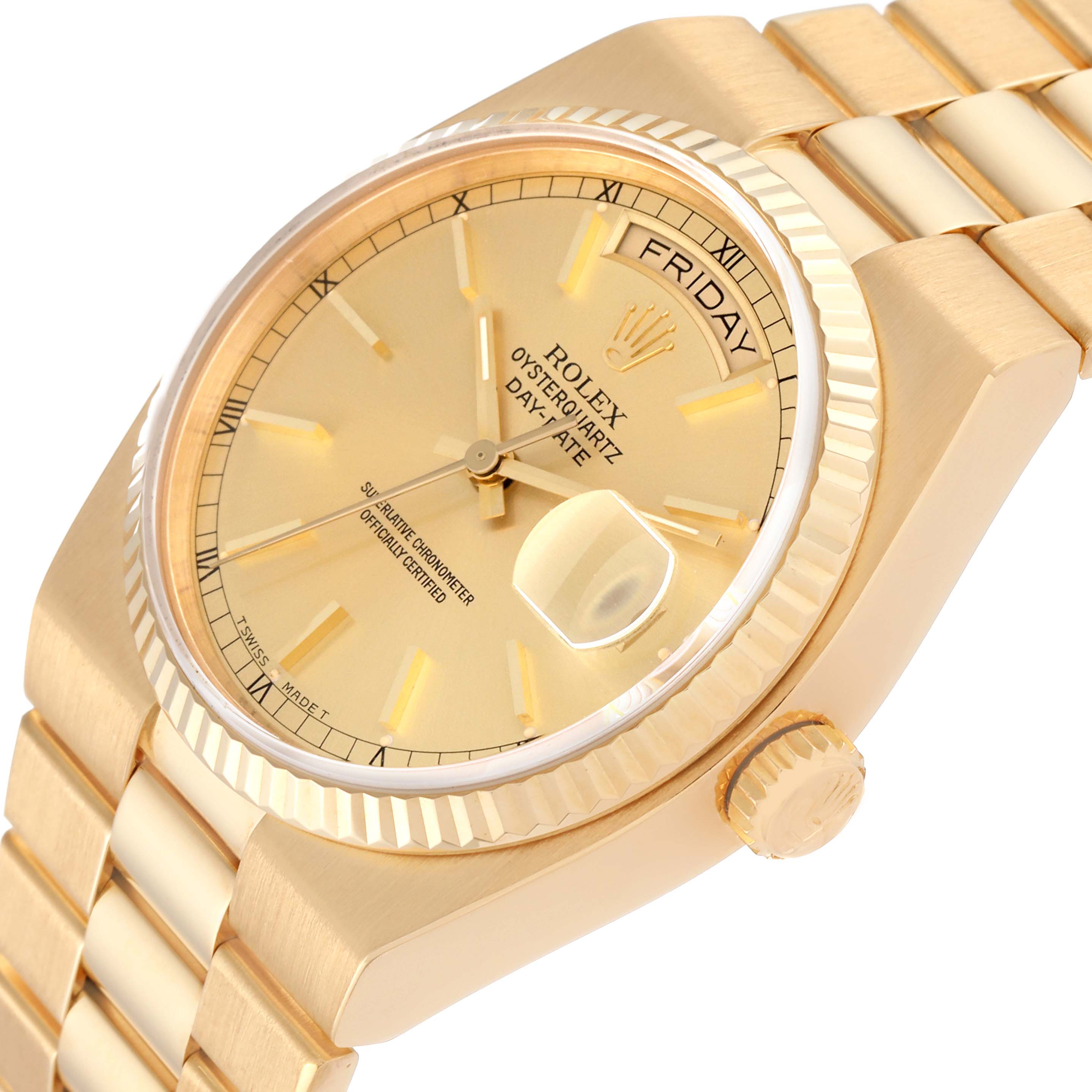 The Rolex Oysterquartz 19018 Men's Yellow Gold Champagne Dial 19018 Men's Yellow Gold Champagne Dial watch is shown at a slight angle, highlighting the dial, crown, bracelet, and case.