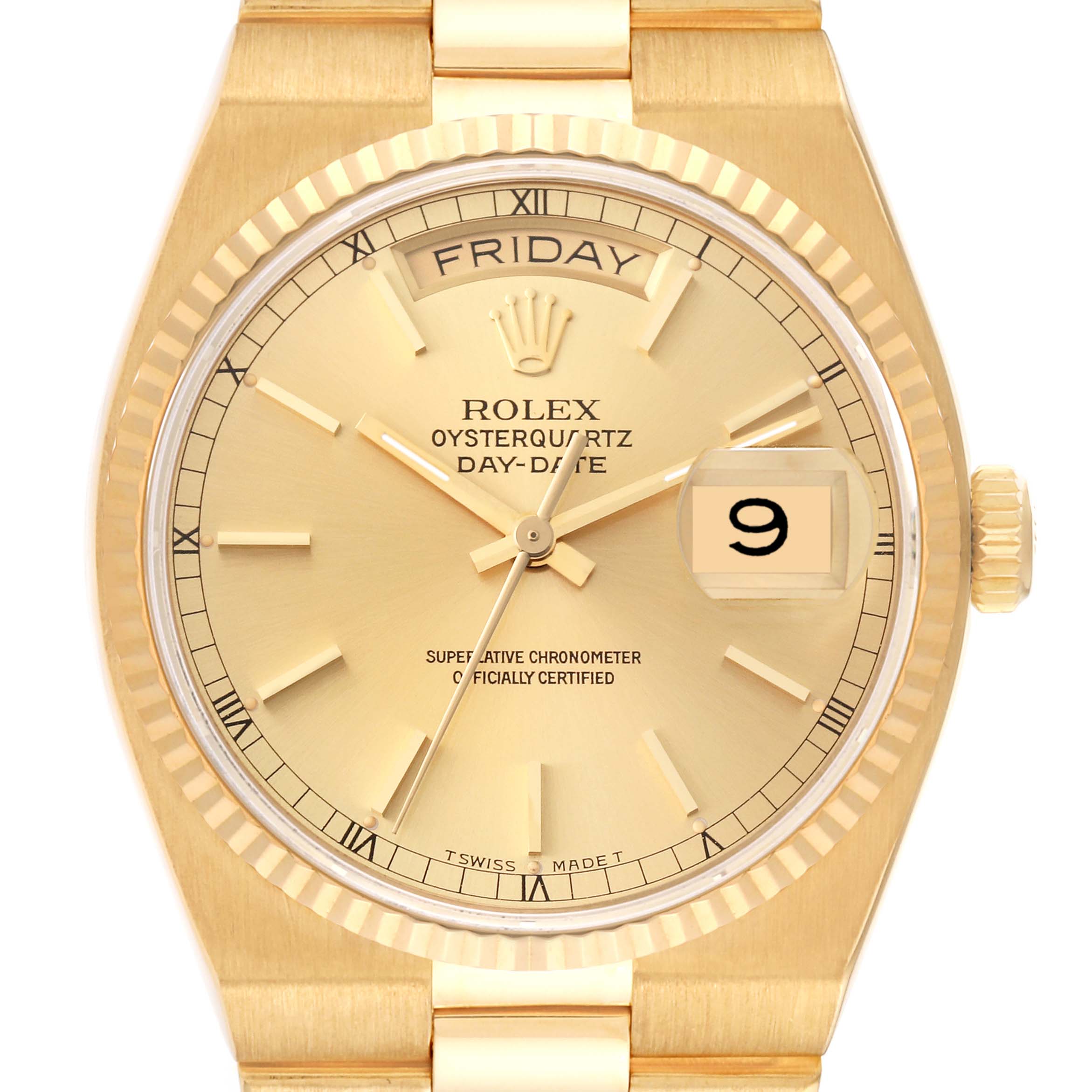 The Oysterquartz Rolex watch is shown from the front angle, highlighting the face, crown, and part of the bracelet.