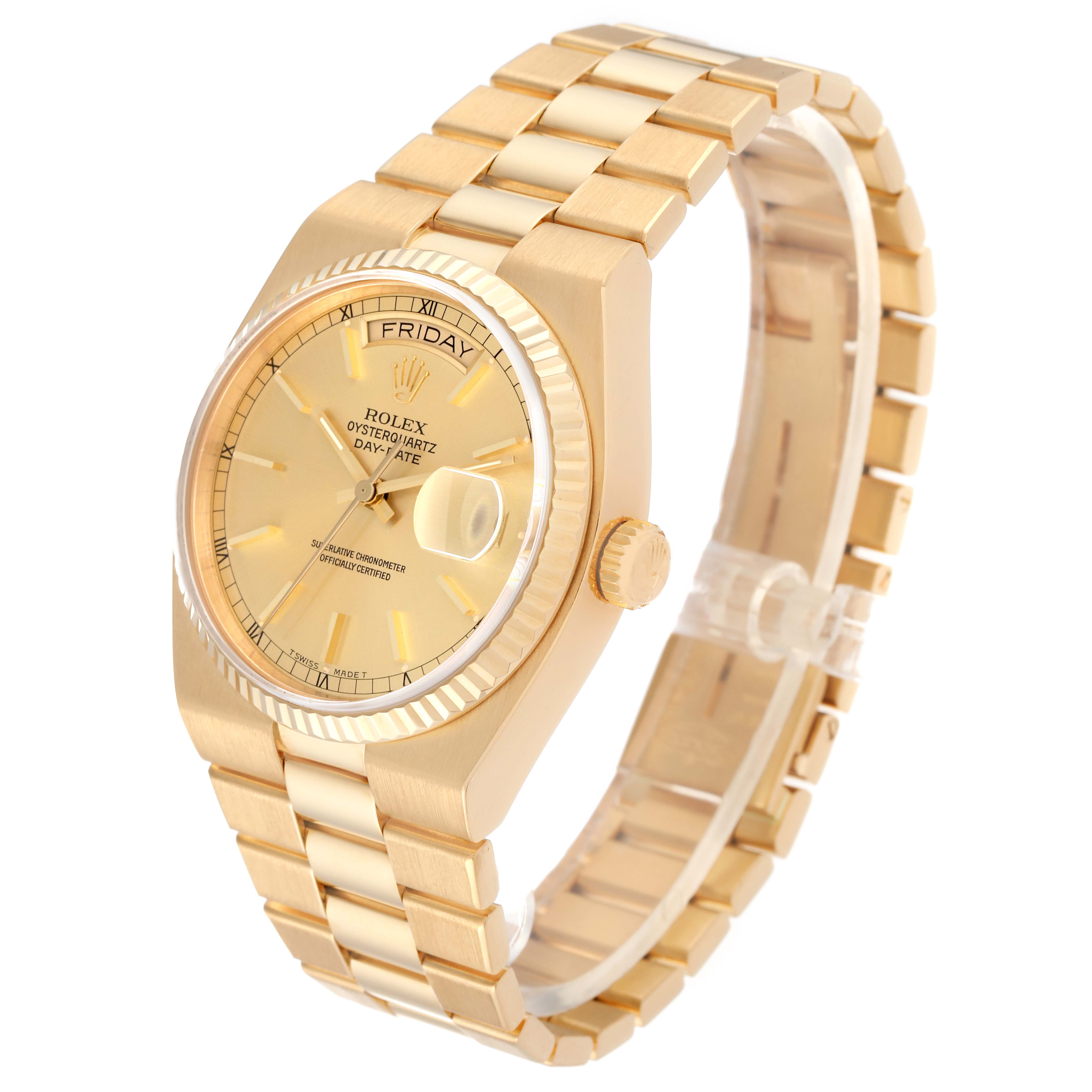 This image shows a side angle of the Rolex Oysterquartz 19018 Men's Yellow Gold Champagne Dial 19018 Men's Yellow Gold Champagne Dial watch, highlighting the dial, bracelet, and crown.