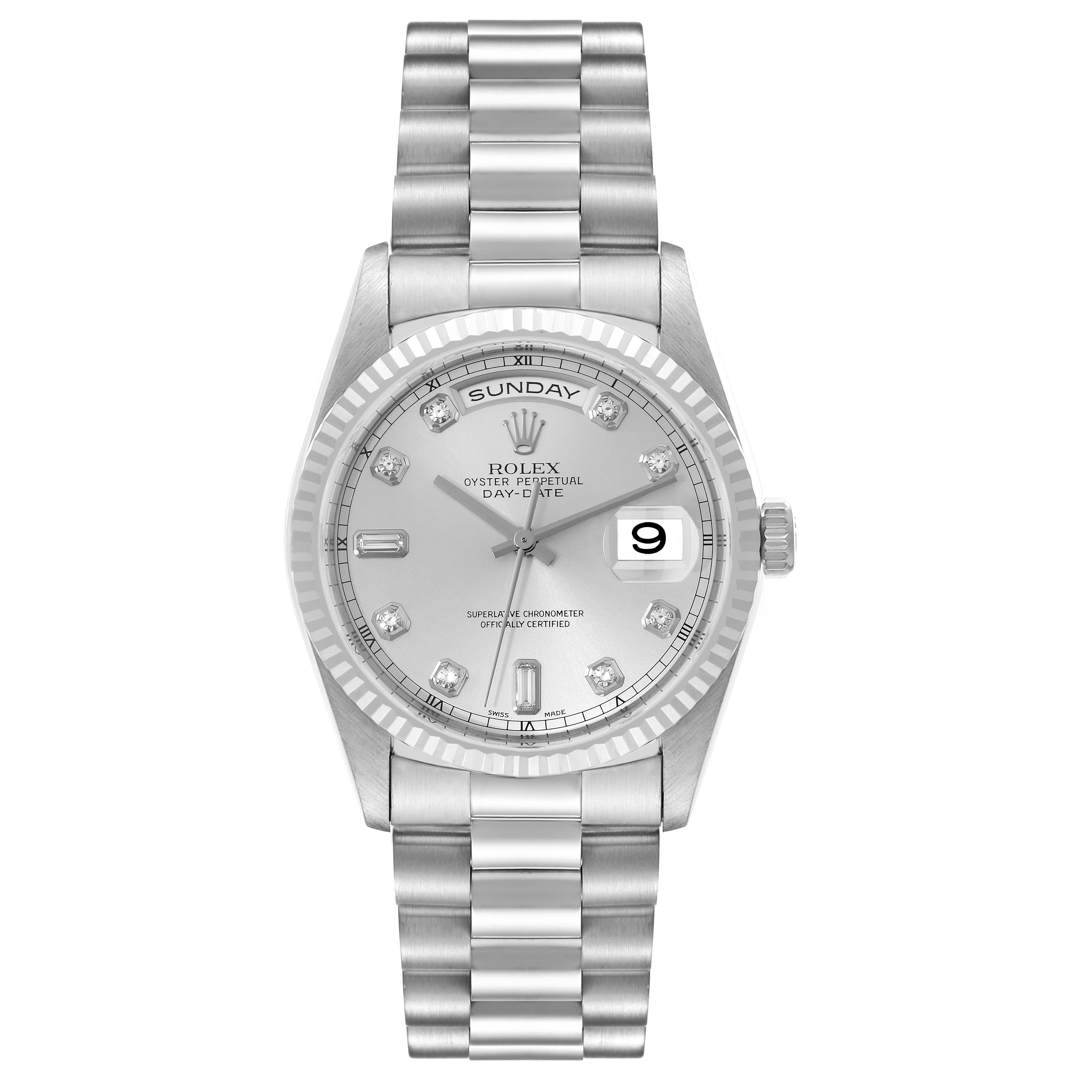 The image shows the front view of a Rolex President 18239 Men's White Gold Silver Dial 18239 Men's White Gold Silver Dial model watch, displaying its dial, bezel, bracelet, and day/date features.