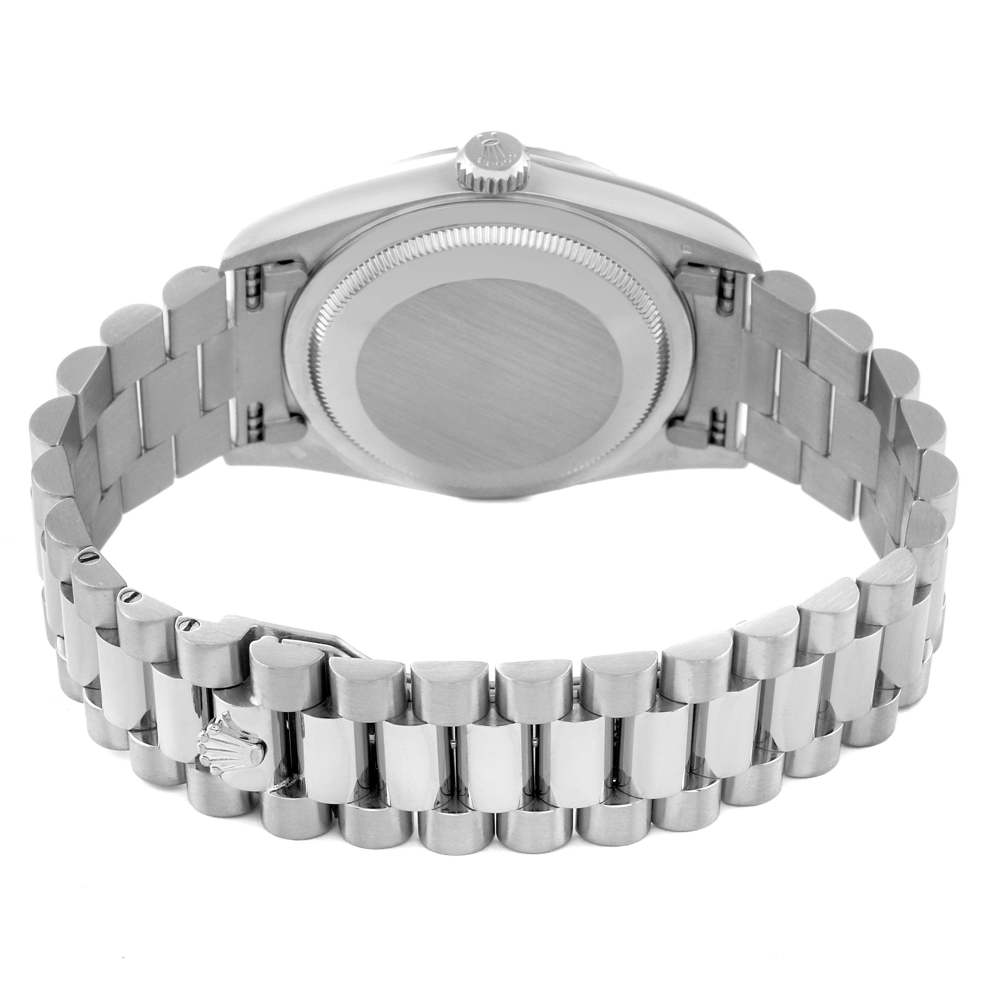 This image shows the back case and bracelet of a Rolex President 18239 Men's White Gold Silver Dial 18239 Men's White Gold Silver Dial model watch from a rear angle.