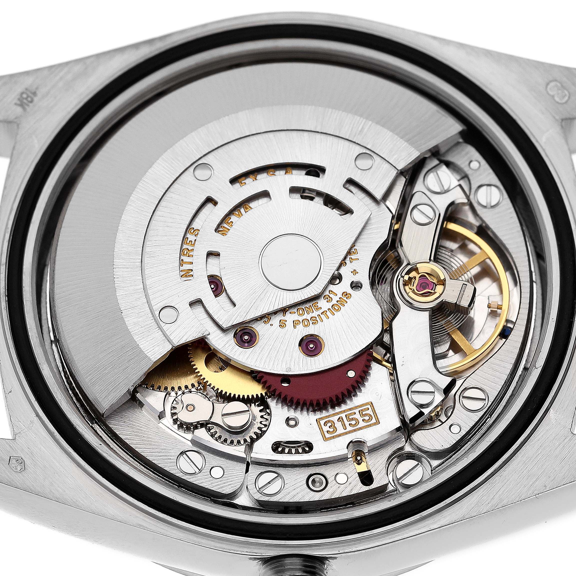 This image shows the internal movement and components of a Rolex President 18239 Men's White Gold Silver Dial 18239 Men's White Gold Silver Dial model watch from a top-down angle.