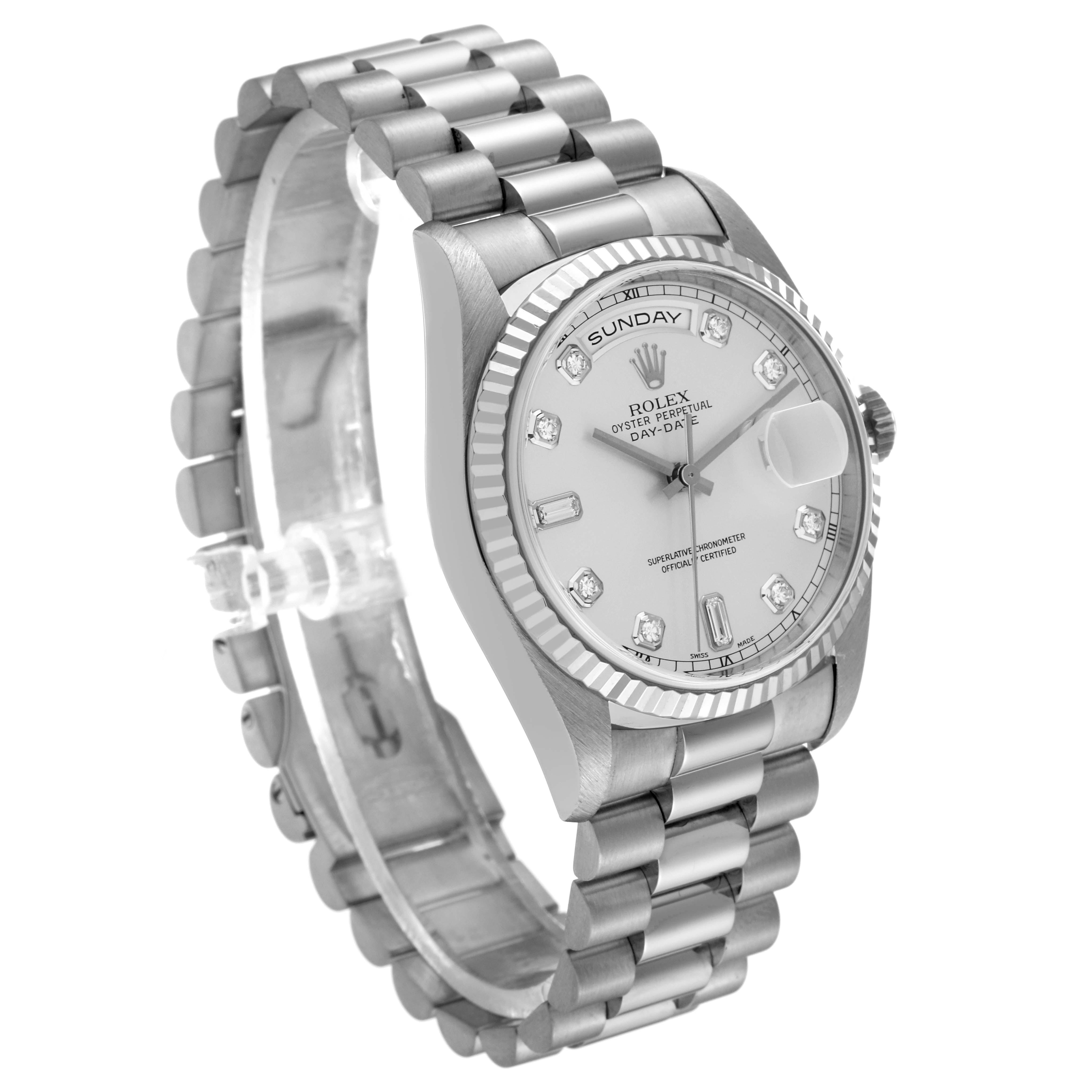 The image shows a side angle of a Rolex President 18239 Men's White Gold Silver Dial 18239 Men's White Gold Silver Dial model watch, highlighting the face, bezel, crown, and bracelet.