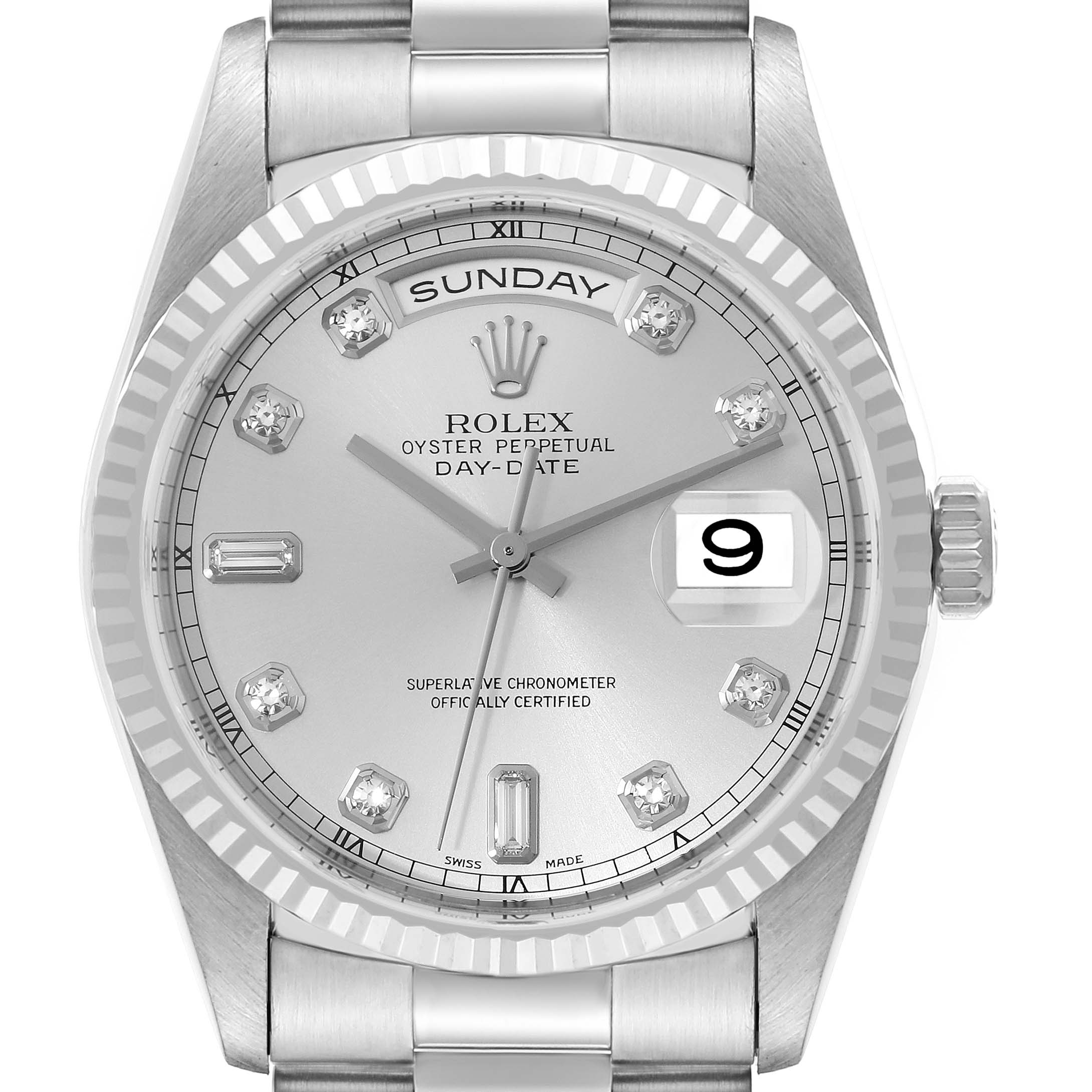 The image shows a top view of the Rolex President 18239 Men's White Gold Silver Dial 18239 Men's White Gold Silver Dial Oyster Perpetual Day-Date watch, highlighting its dial, bezel, and part of the bracelet.