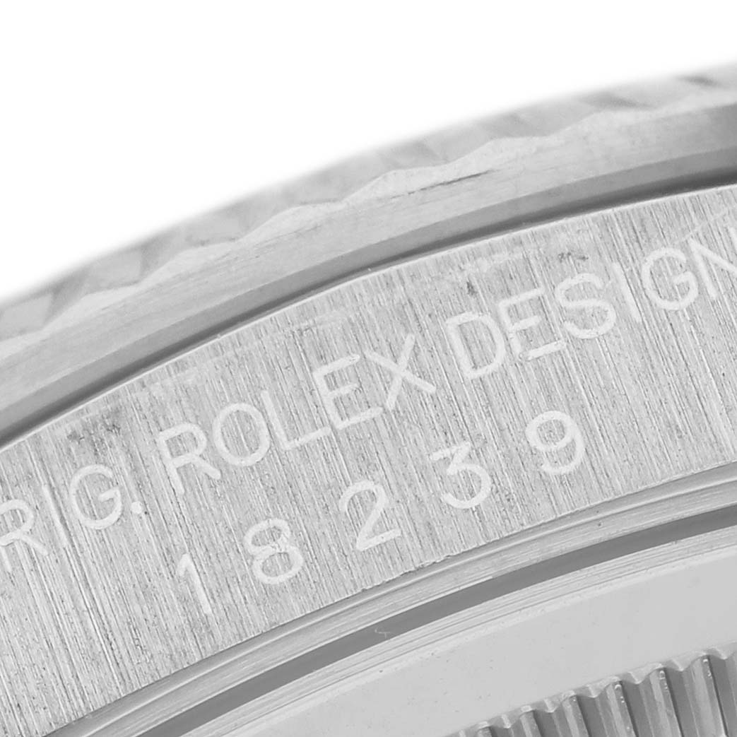 The close-up image shows the model number and Rolex branding engraved on the side of a Rolex President 18239 Men's White Gold Silver Dial 18239 Men's White Gold Silver Dial watch case.