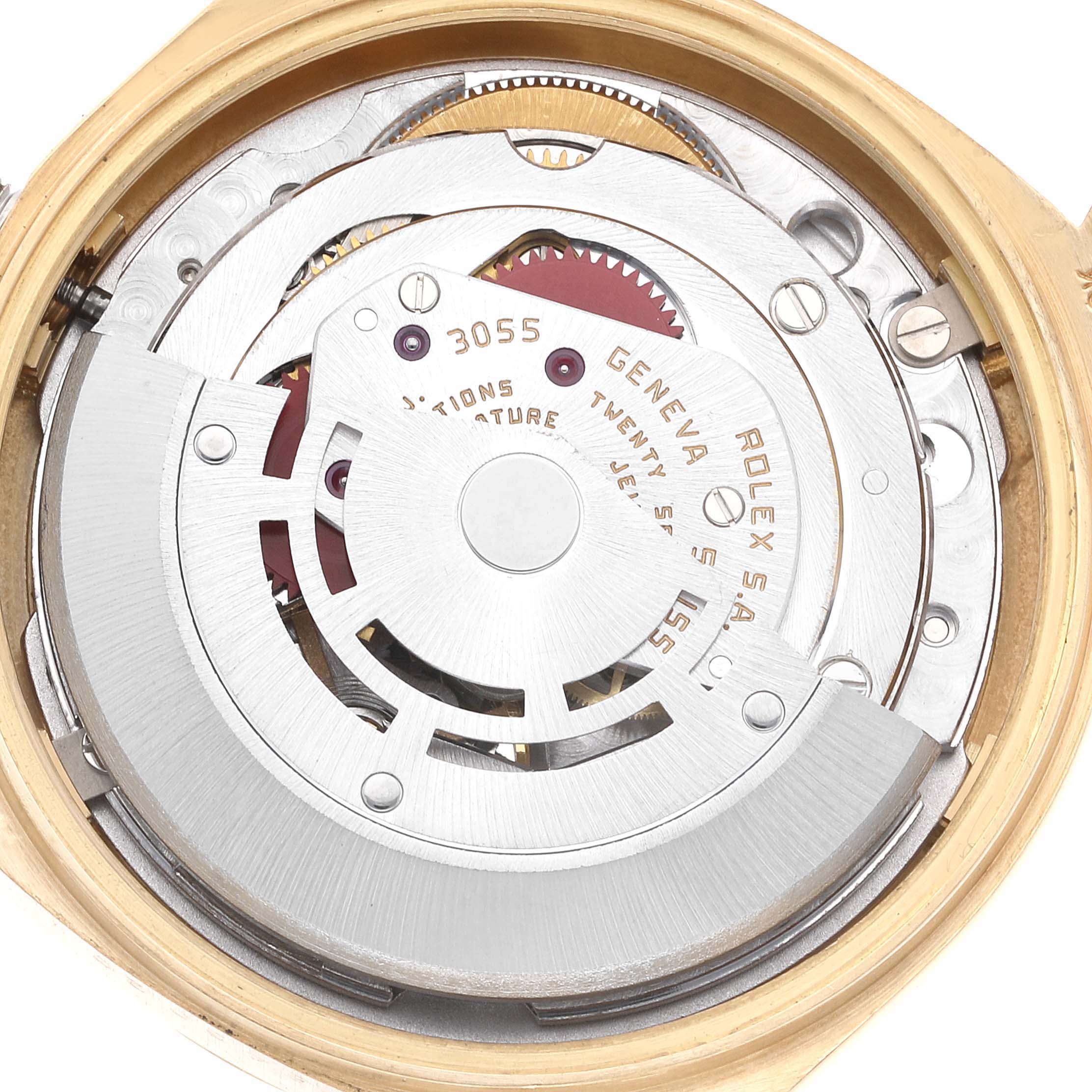The image shows the internal mechanism and rotor of a Rolex President 18038 Men's Yellow Gold Champagne Dial 18038 Men's Yellow Gold Champagne Dial model watch with the case back removed.