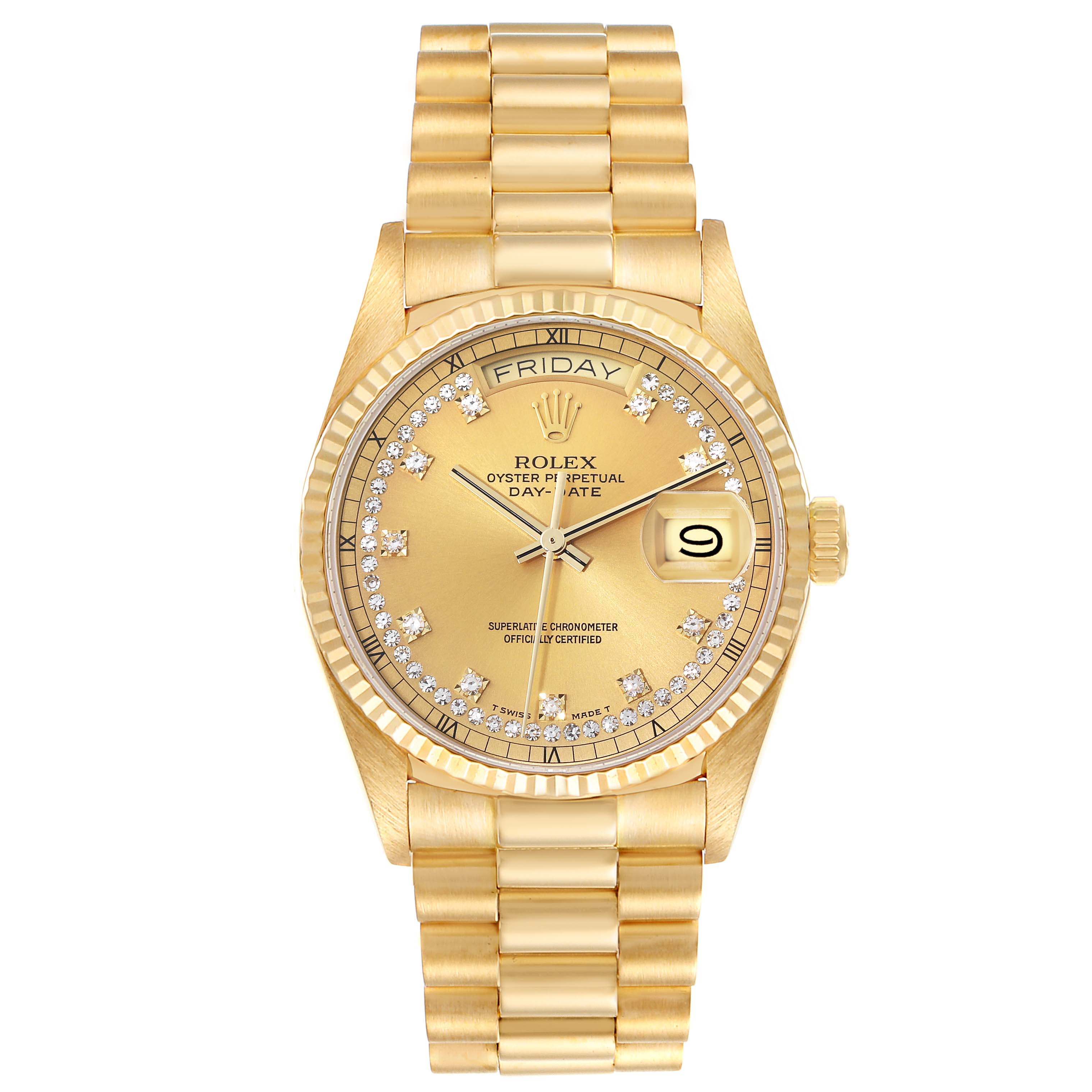 The image shows a front view of a Rolex President 18038 Men's Yellow Gold Champagne Dial 18038 Men's Yellow Gold Champagne Dial model watch, showcasing its dial, day, and date display, and gold bracelet.