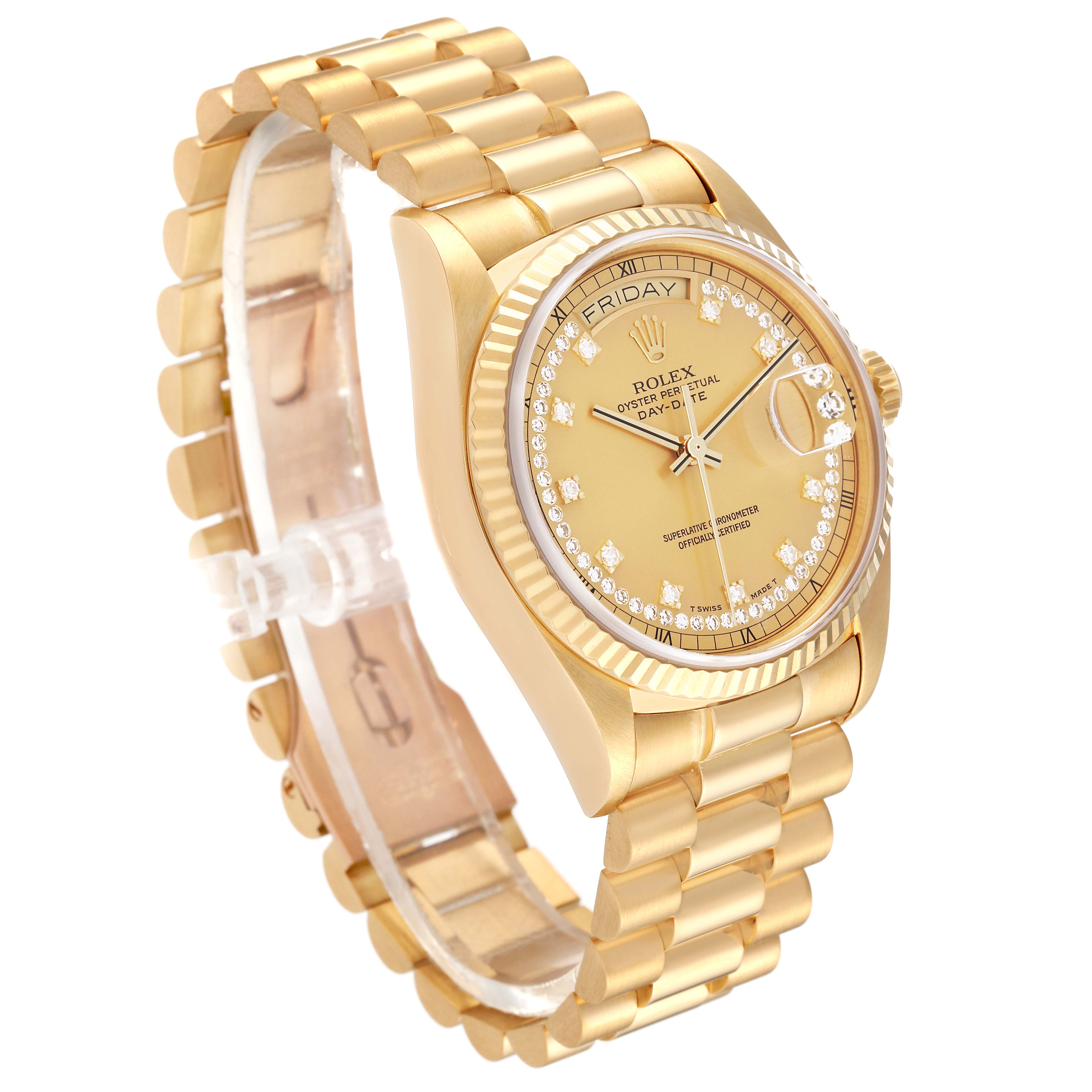 The image shows a Rolex President 18038 Men's Yellow Gold Champagne Dial 18038 Men's Yellow Gold Champagne Dial model watch at a 3/4 angle, highlighting the band and dial with a magnified date window.