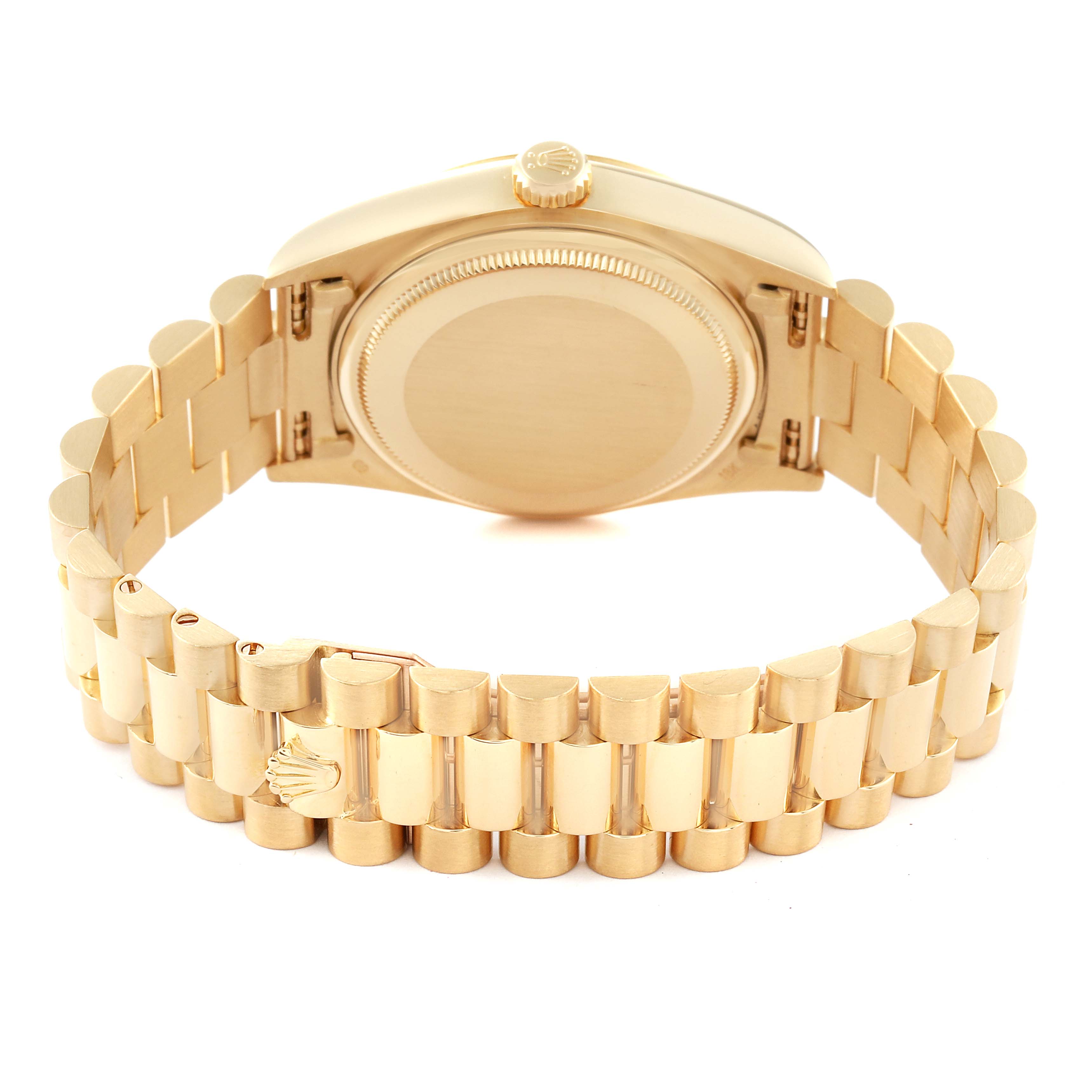 The image shows the back view of a Rolex President 18038 Men's Yellow Gold Champagne Dial 18038 Men's Yellow Gold Champagne Dial model watch, highlighting the case back, crown, and bracelet.
