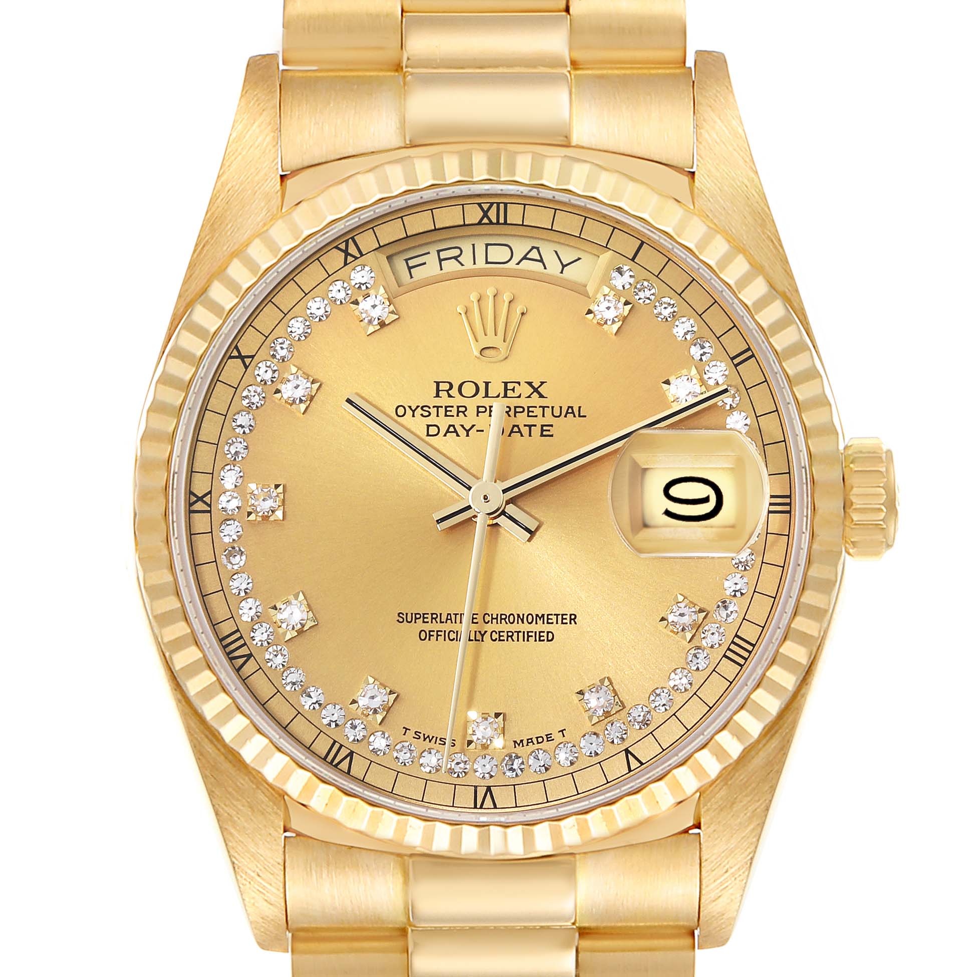 The image shows a close-up, front view of a Rolex President 18038 Men's Yellow Gold Champagne Dial 18038 Men's Yellow Gold Champagne Dial model watch, featuring its dial, day, and date display.