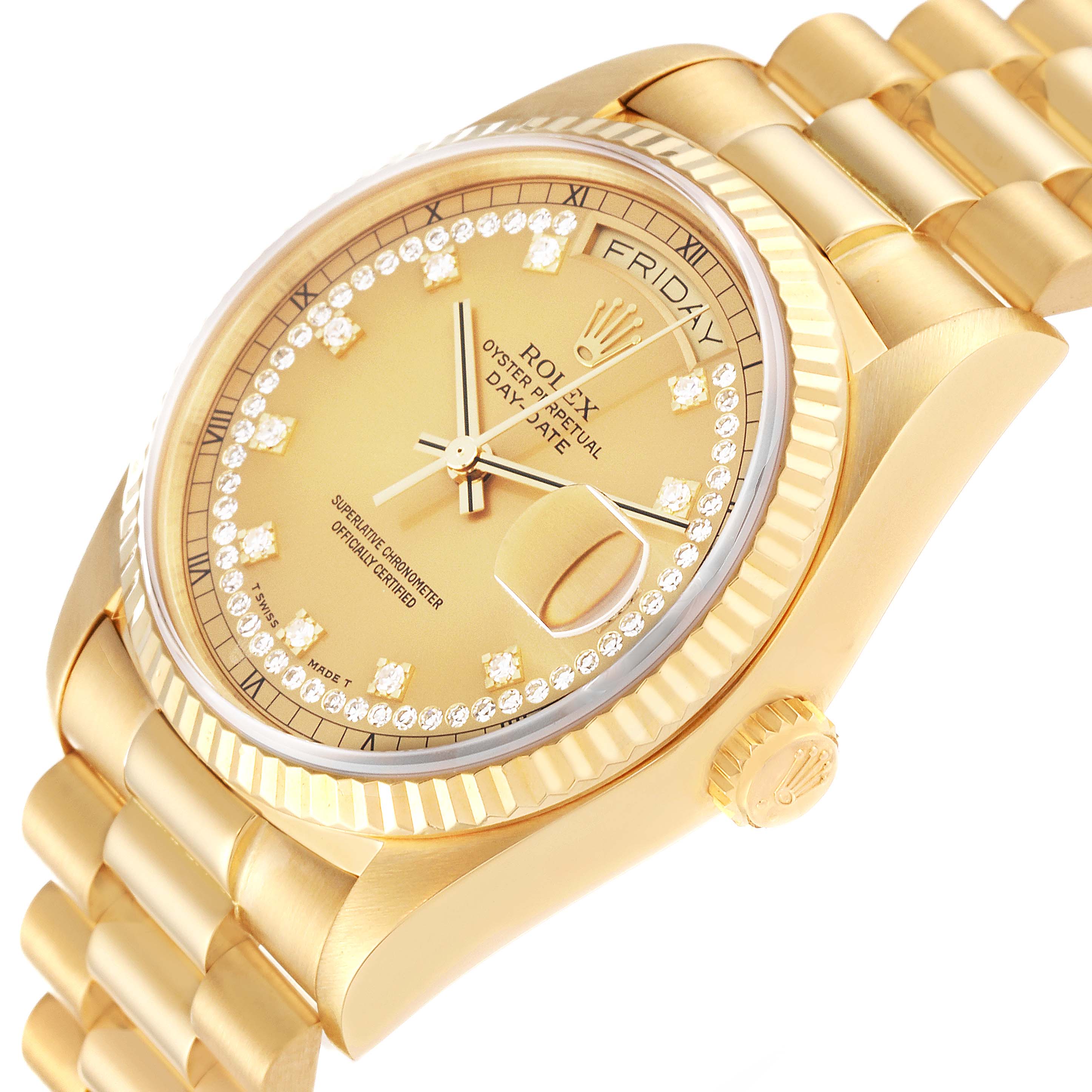 The Rolex President 18038 Men's Yellow Gold Champagne Dial 18038 Men's Yellow Gold Champagne Dial model watch is shown at an oblique angle, highlighting the dial, fluted bezel, and bracelet.