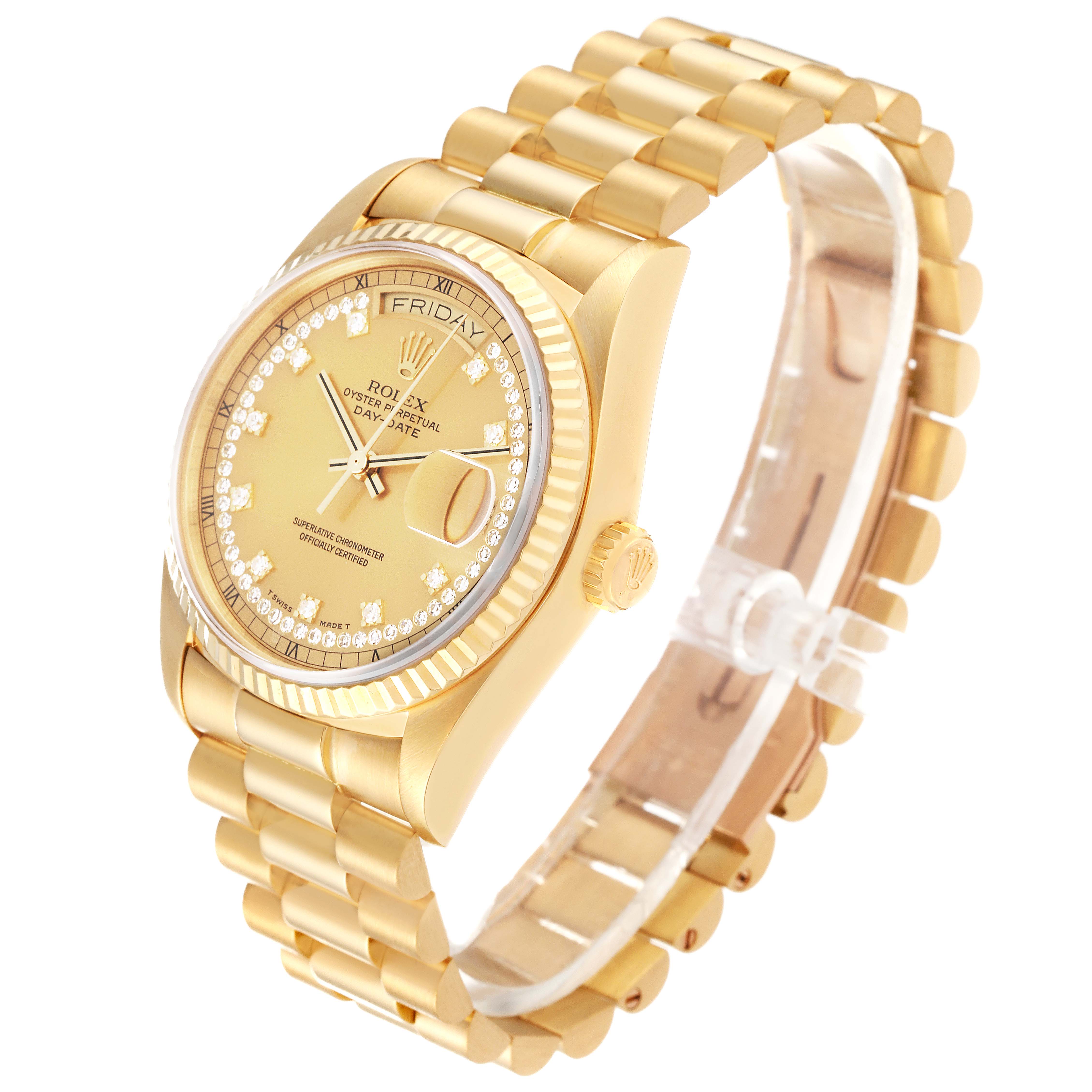 The Rolex President 18038 Men's Yellow Gold Champagne Dial 18038 Men's Yellow Gold Champagne Dial model watch is shown at a slight angle, highlighting the face, bezel, crown, and bracelet.