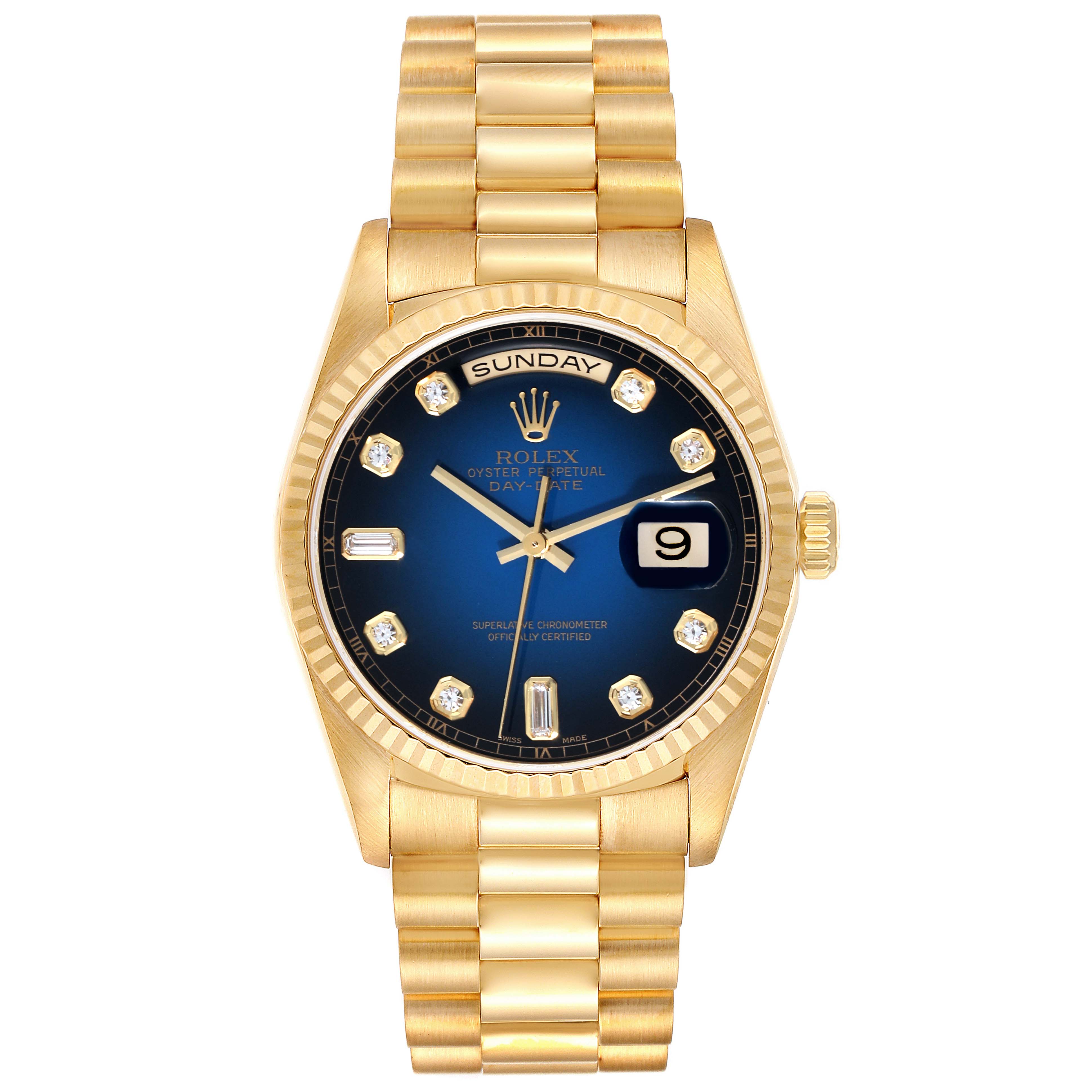 The image shows a front view of a Rolex President 18238 Men's Yellow Gold Blue Dial 18238 Men's Yellow Gold Blue Dial model watch, featuring a gold bracelet, blue dial, and day-date window.