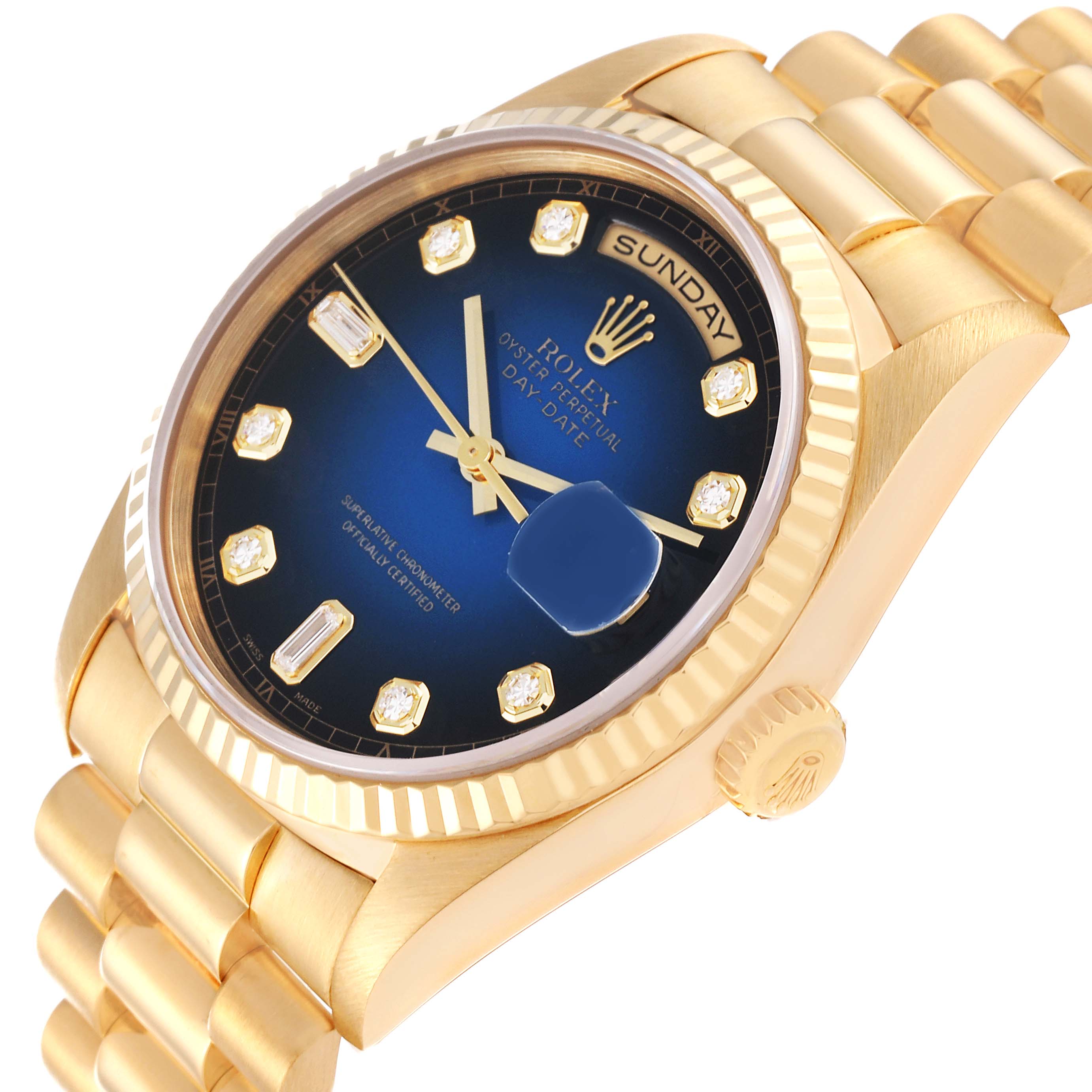 The image shows a Rolex President 18238 Men's Yellow Gold Blue Dial 18238 Men's Yellow Gold Blue Dial model watch from an angled side view, highlighting the blue dial, diamond markers, and gold bracelet.