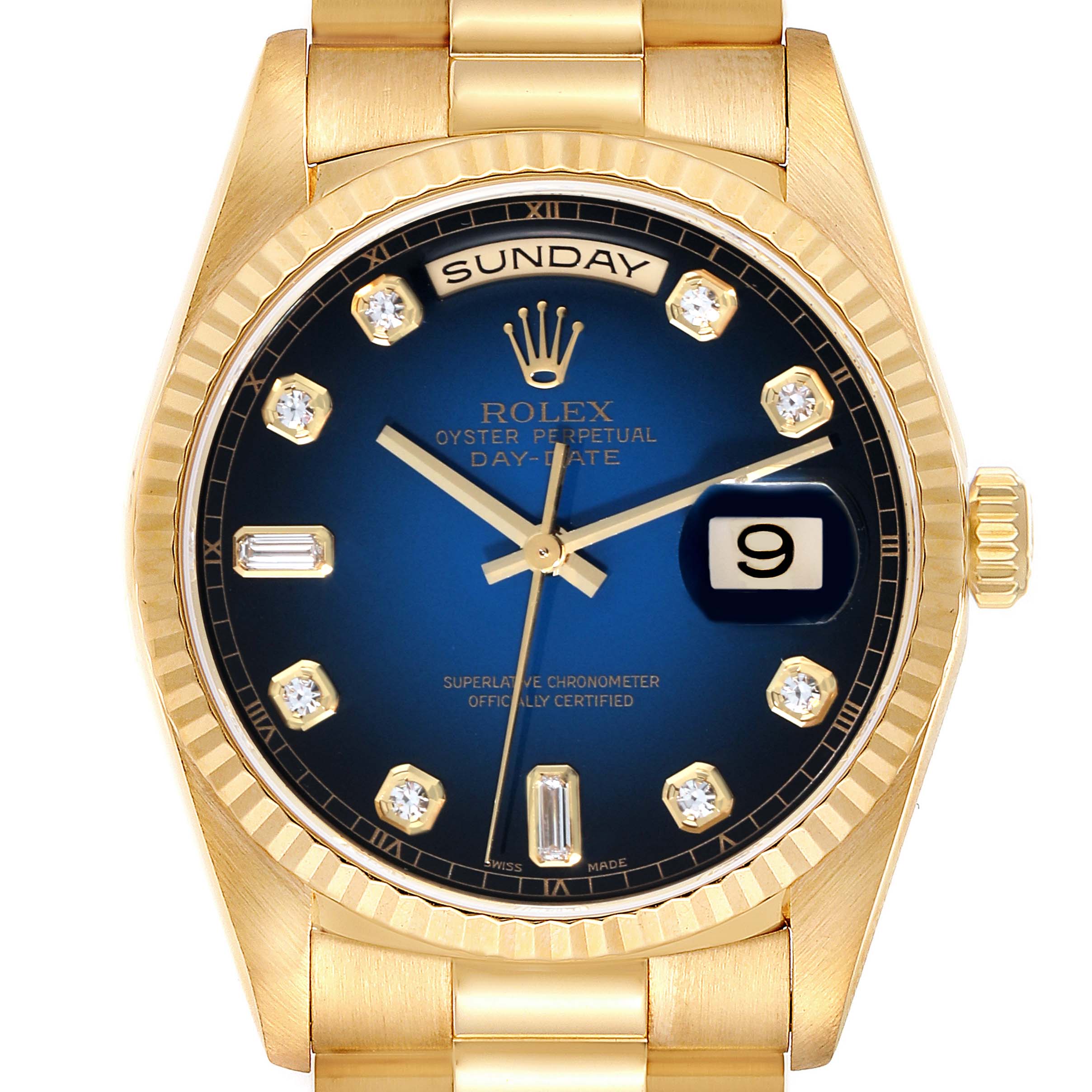 The Rolex President 18238 Men's Yellow Gold Blue Dial 18238 Men's Yellow Gold Blue Dial model watch is shown from the front, highlighting its gold casing, blue dial, day-date display, and diamond hour markers.