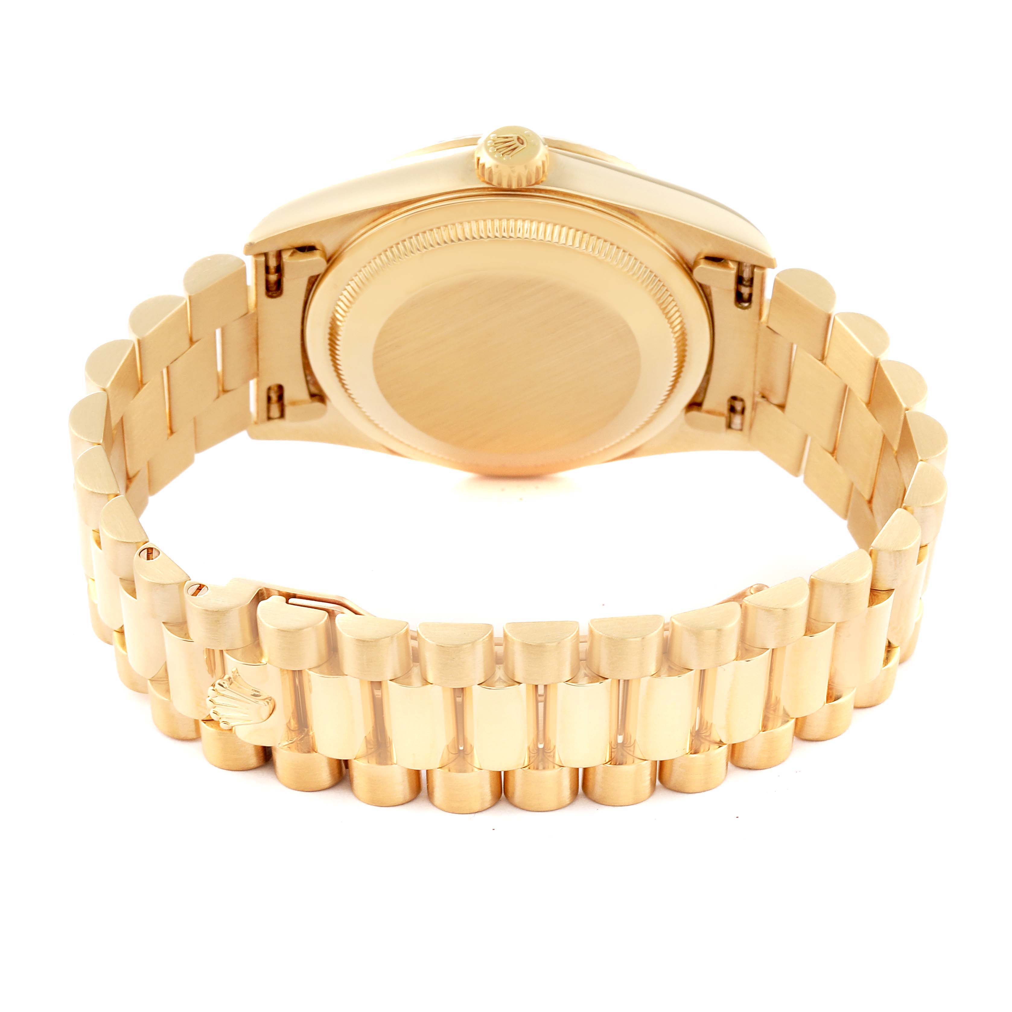 This image shows the back and bracelet of a Rolex President 18238 Men's Yellow Gold Blue Dial 18238 Men's Yellow Gold Blue Dial model watch from a rear angle.