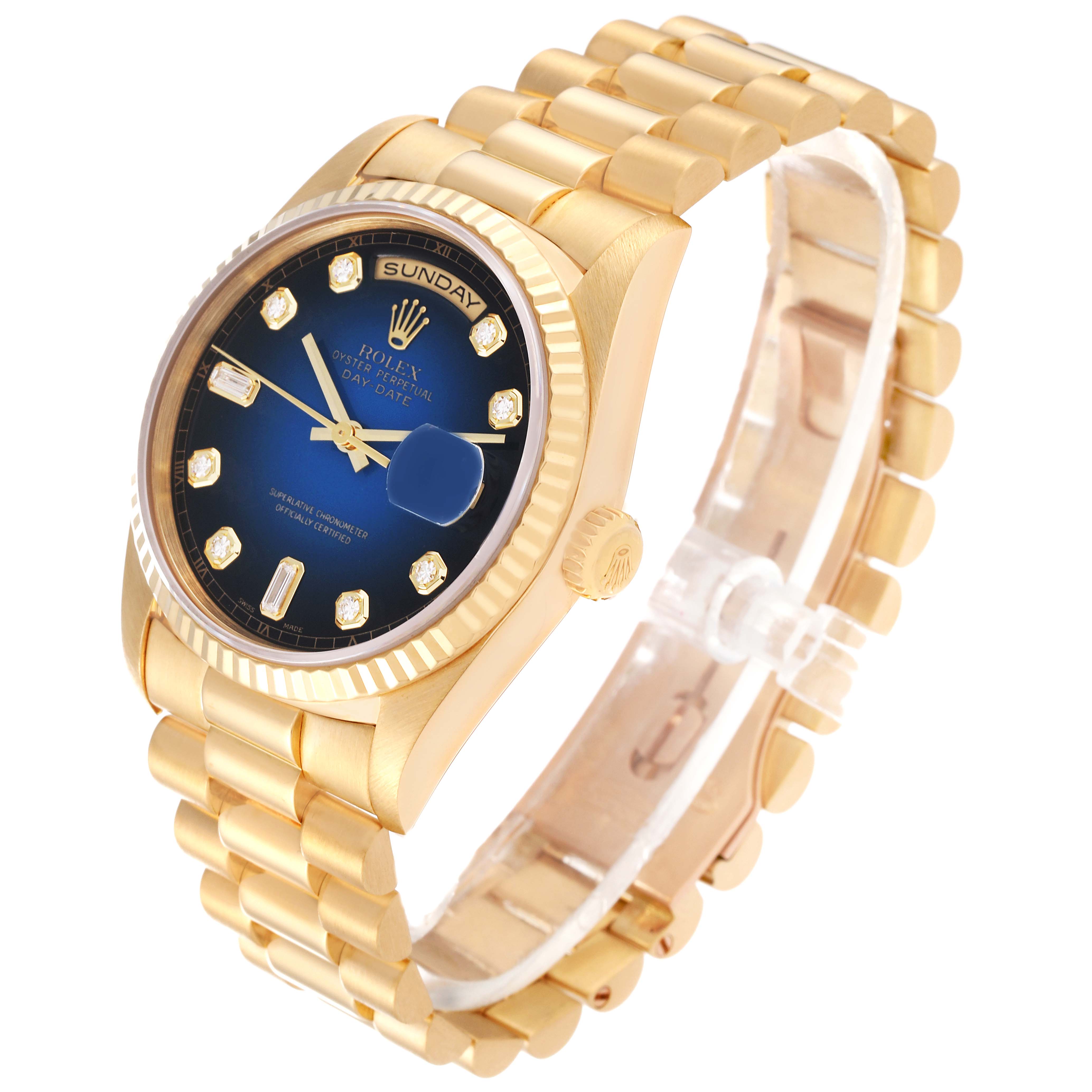 The image shows a Rolex President 18238 Men's Yellow Gold Blue Dial 18238 Men's Yellow Gold Blue Dial model watch at a slight angle, highlighting the blue dial, gold bracelet, and fluted bezel.