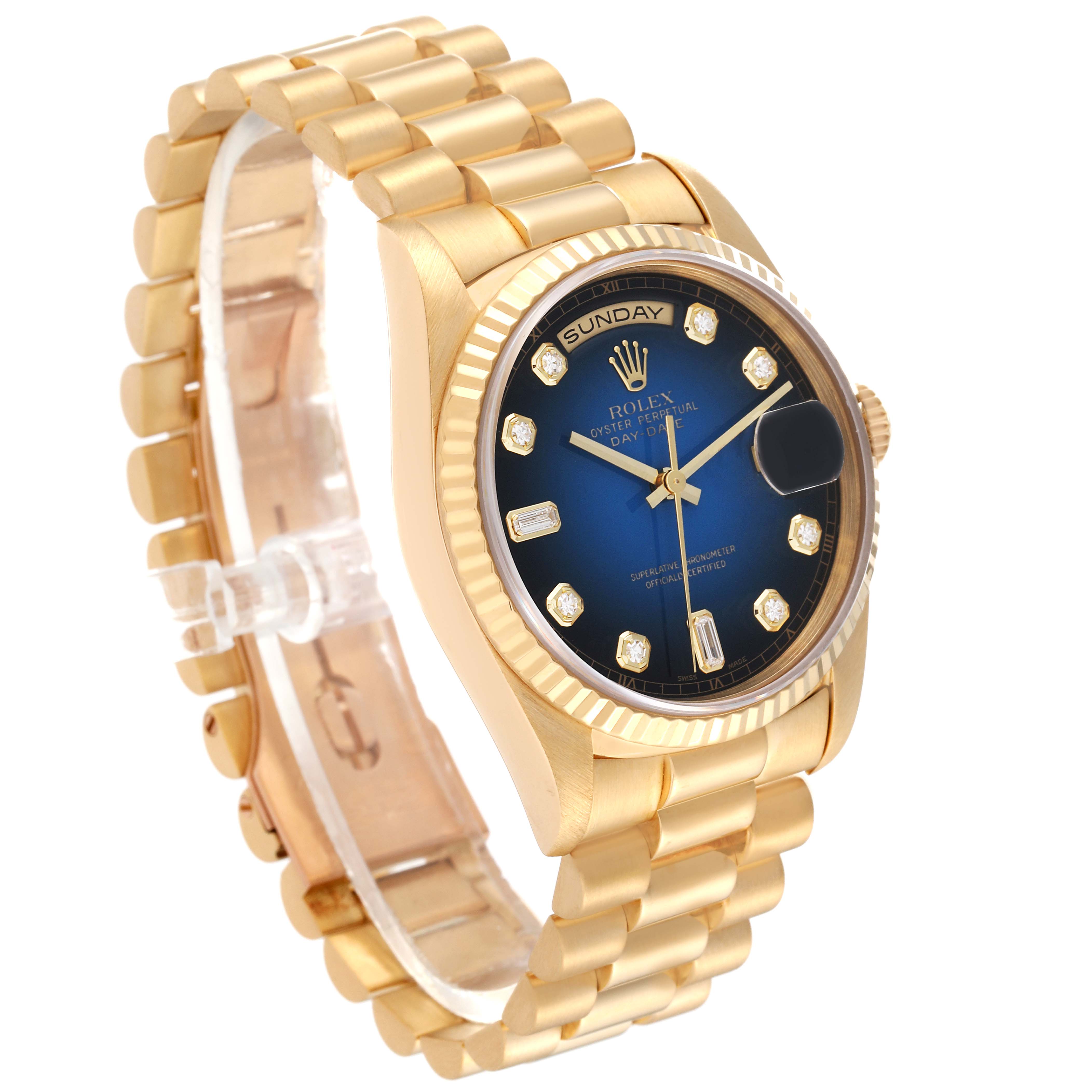 This Rolex President 18238 Men's Yellow Gold Blue Dial 18238 Men's Yellow Gold Blue Dial model watch is shown at a three-quarter angle, highlighting the bracelet, dial, case, and crown.