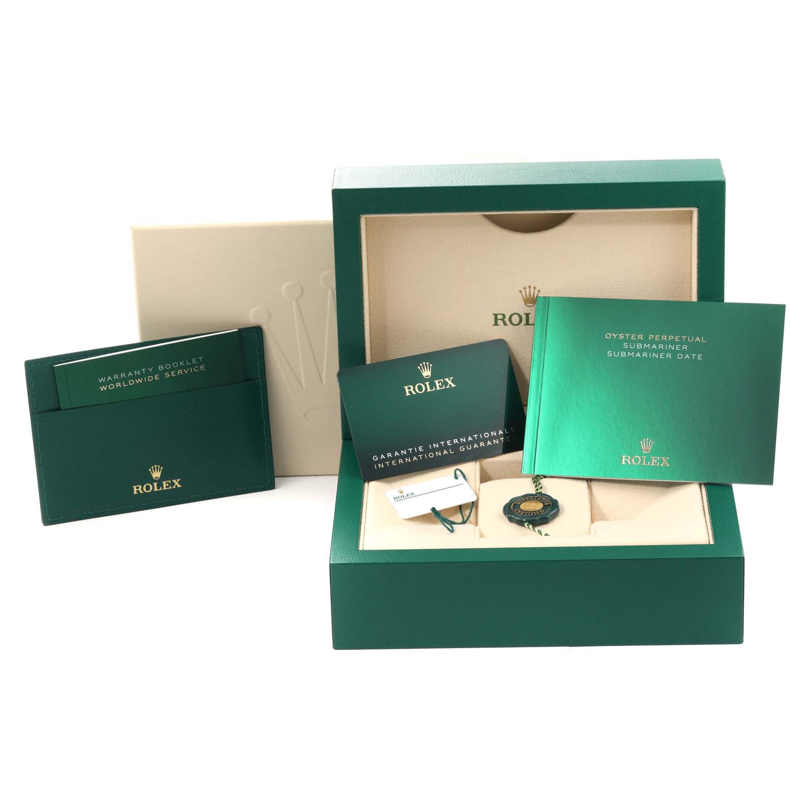 The image shows the packaging and accessories including booklets and tags for a Rolex Submariner 126610LN Men
s Stainless Steel Black Dial 126610LN Men
s Stainless Steel Black Dial model watch.