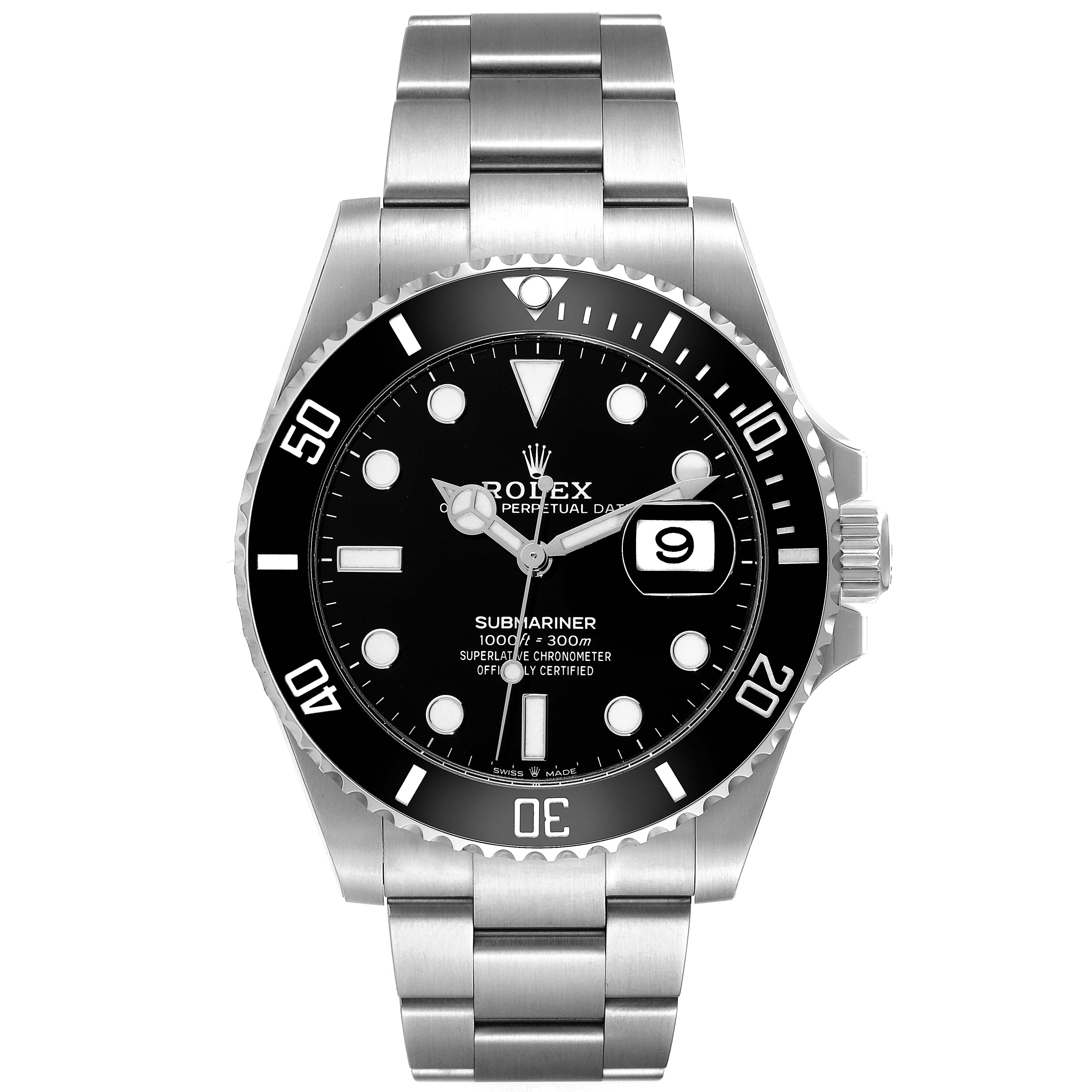 The image shows a front view of a Rolex Submariner 126610LN Men
s Stainless Steel Black Dial 126610LN Men
s Stainless Steel Black Dial watch, displaying the dial, bezel, bracelet, and crown.