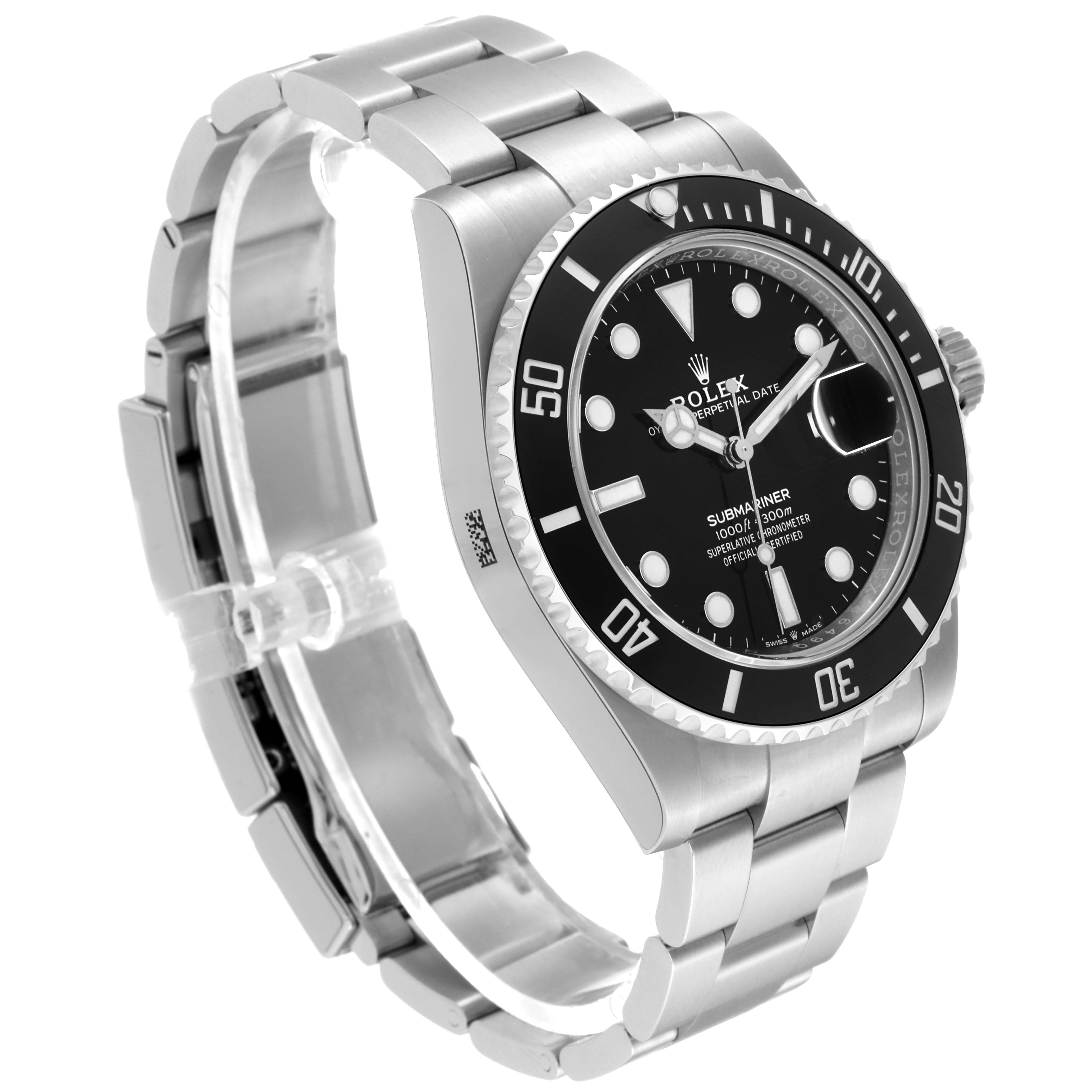 The Rolex Submariner 126610LN Men
s Stainless Steel Black Dial 126610LN Men
s Stainless Steel Black Dial watch is shown from an angled side view, highlighting the face, bezel, crown, and bracelet.