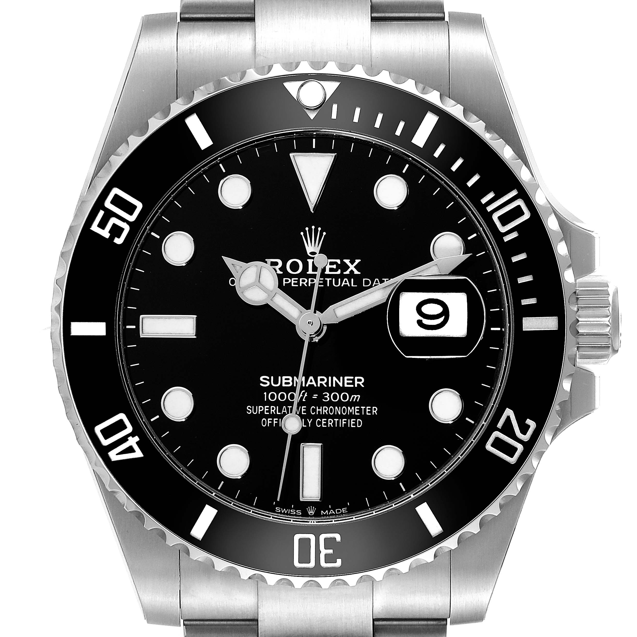 This image shows a front view of the Rolex Submariner 126610LN Men
s Stainless Steel Black Dial 126610LN Men
s Stainless Steel Black Dial watch, highlighting its black dial, bezel, and date window.
