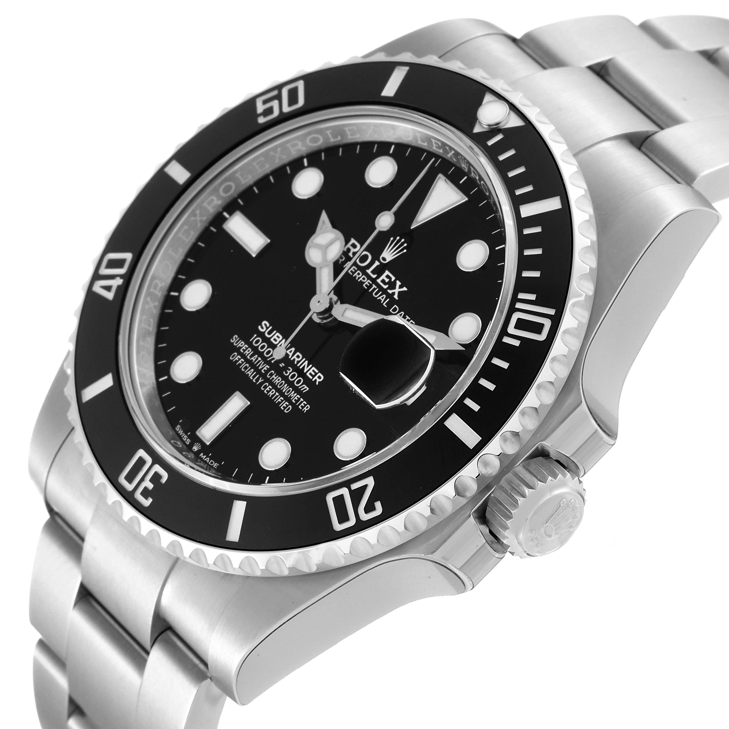 This image shows a close-up angled view of the Rolex Submariner 126610LN Men
s Stainless Steel Black Dial 126610LN Men
s Stainless Steel Black Dial watch, highlighting the bezel, dial, and part of the bracelet.