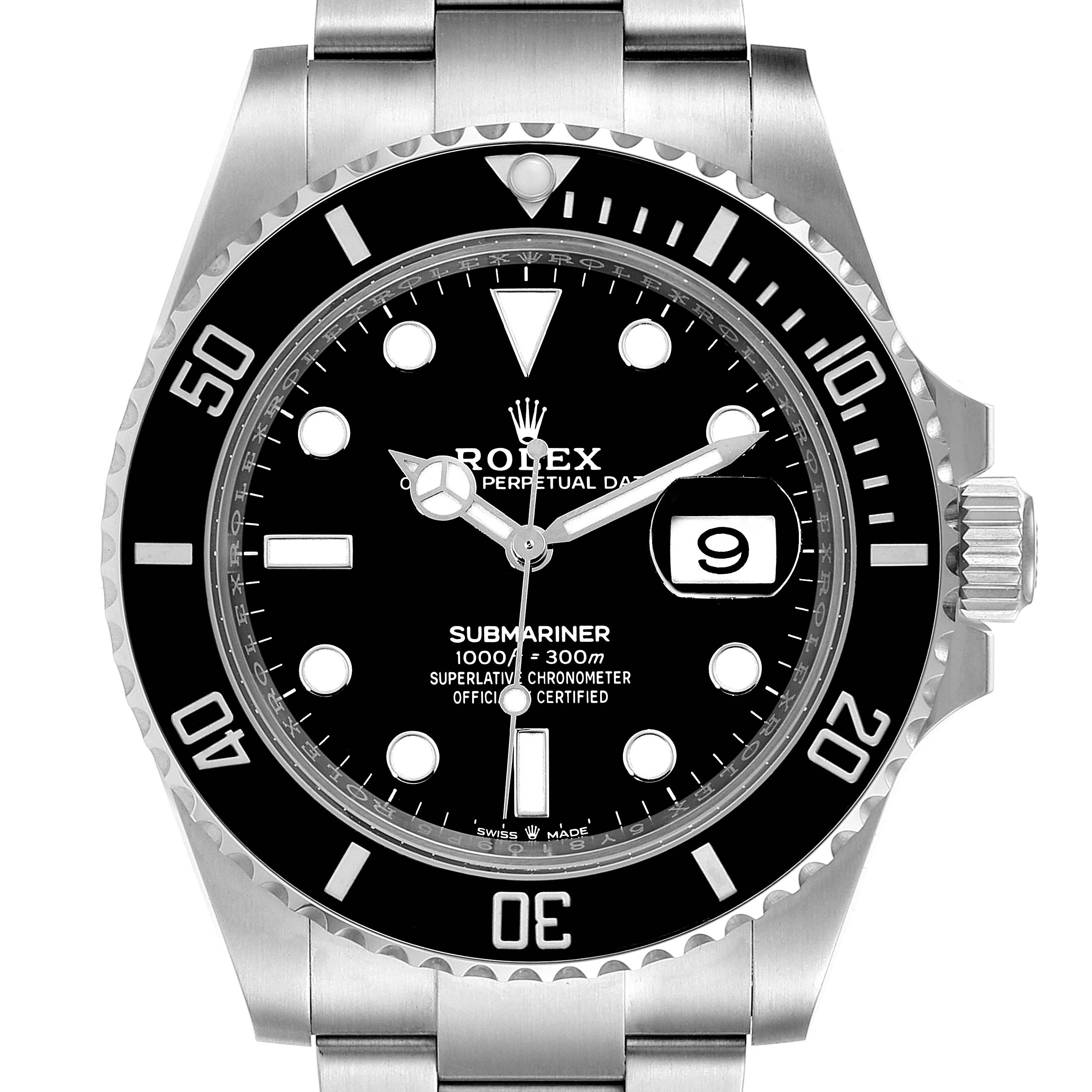This image shows a front view of a Rolex Submariner 126610 Men
s Stainless Steel Black Dial 126610 Men
s Stainless Steel Black Dial watch, highlighting the dial, bezel, and bracelet.