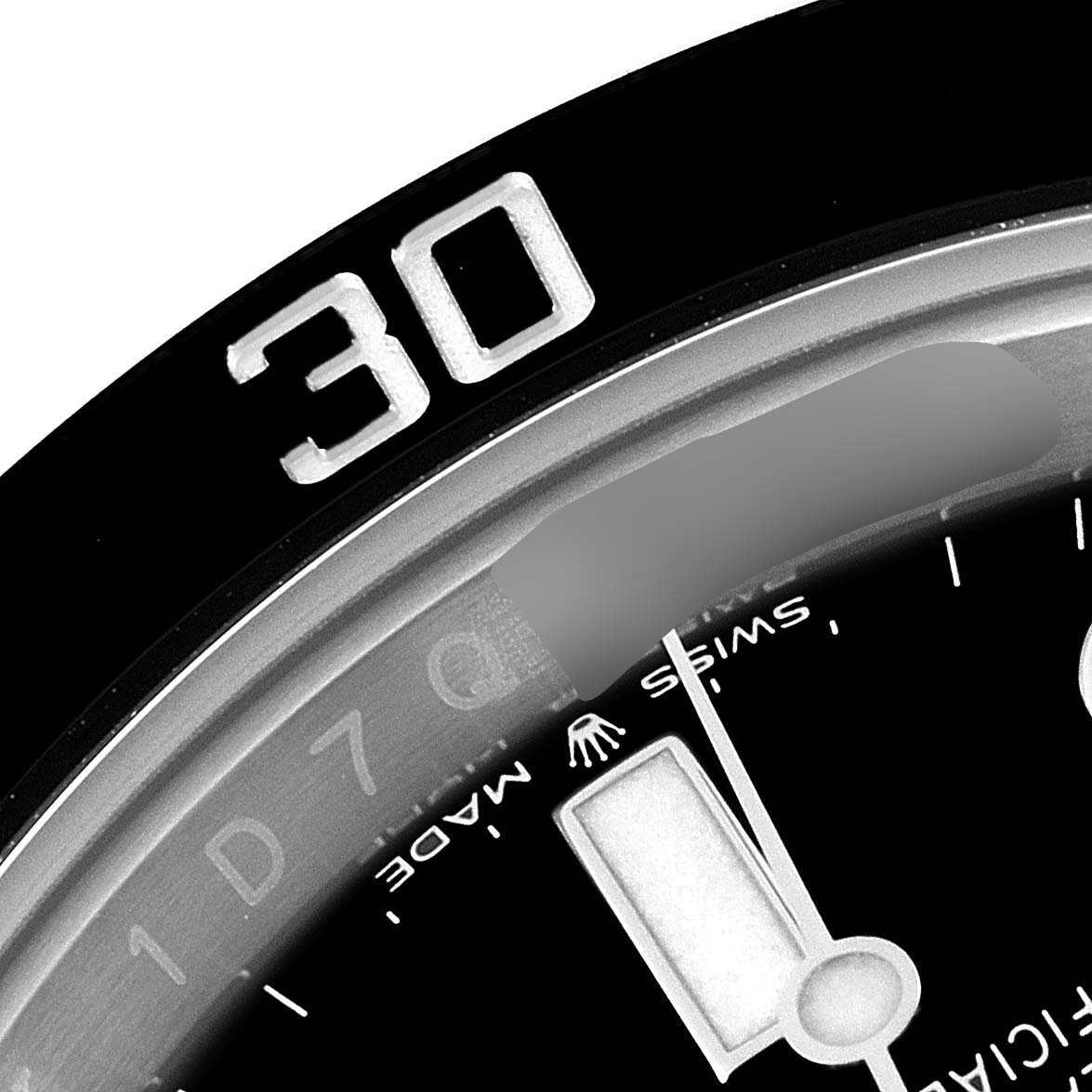 This close-up image of the Rolex Submariner 126610 Men
s Stainless Steel Black Dial 126610 Men
s Stainless Steel Black Dial watch shows a portion of the bezel and dial, highlighting the "30" marker and the "SWISS MADE" text.