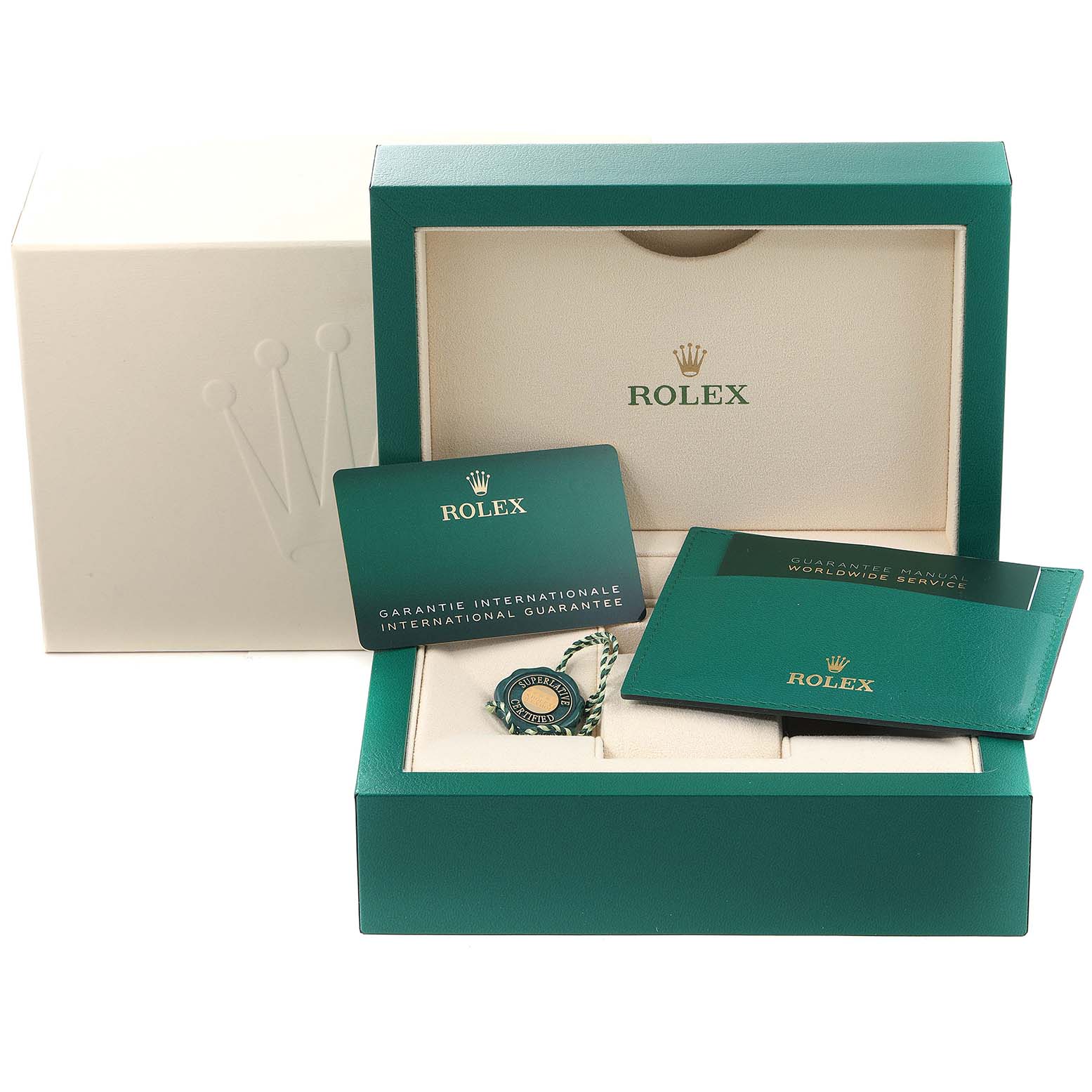 This image shows the packaging, warranty card, and accessories of a Rolex Submariner 126610 Men
s Stainless Steel Black Dial 126610 Men
s Stainless Steel Black Dial watch.