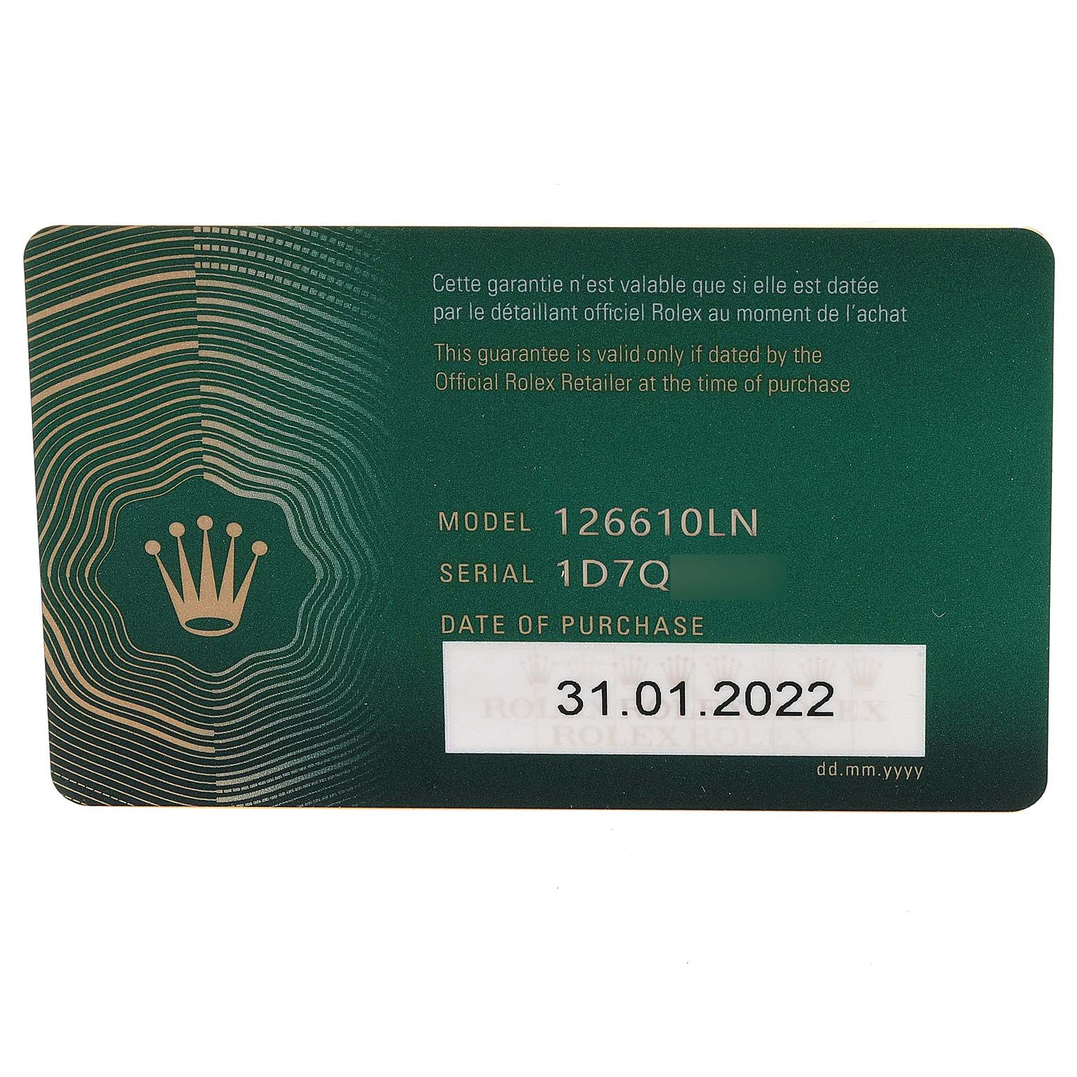 This is a guarantee card for the Rolex Submariner 126610 Men
s Stainless Steel Black Dial 126610 Men
s Stainless Steel Black Dial model 126610LN, showing the serial number and purchase date.