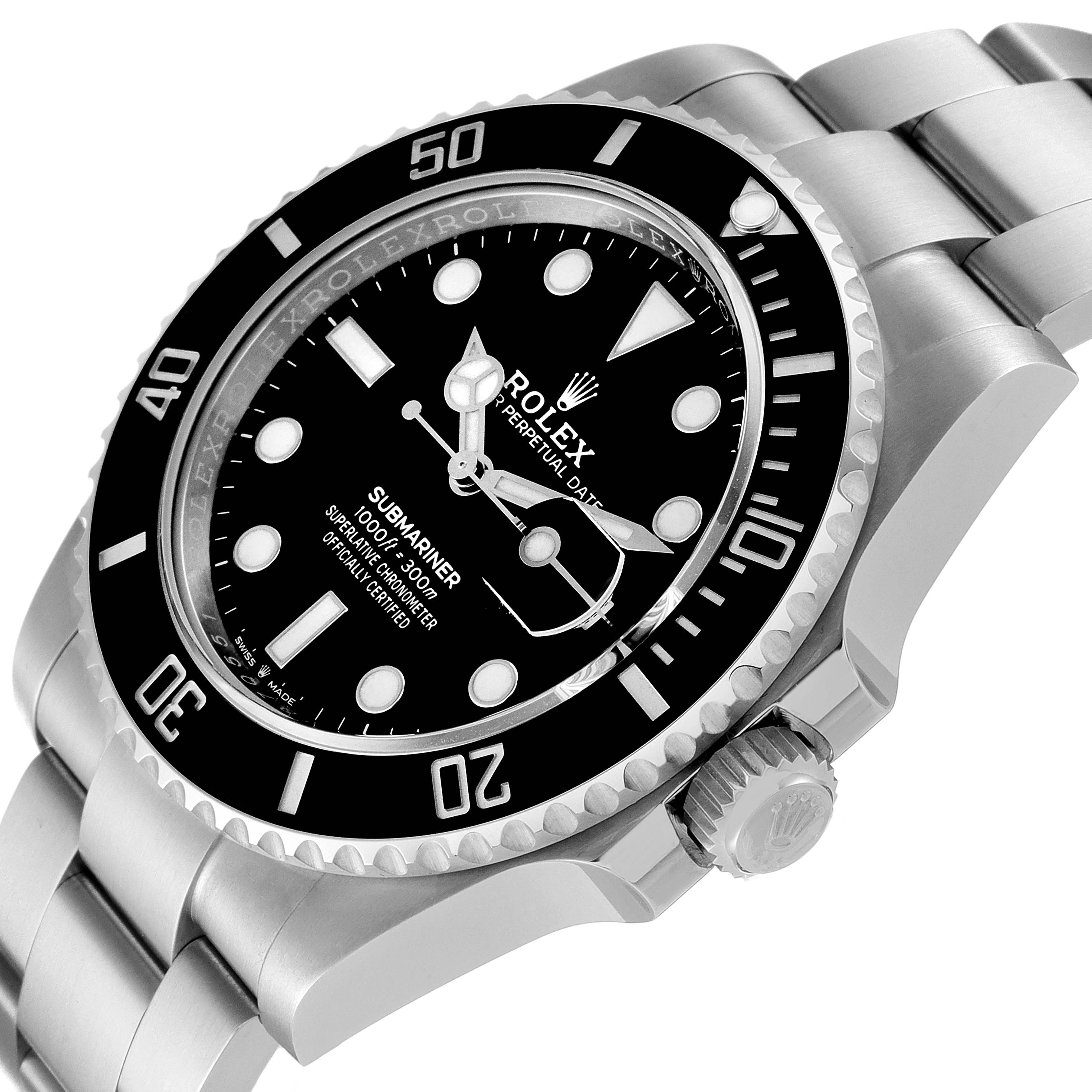 The image shows a Rolex Submariner 126610 Men
s Stainless Steel Black Dial 126610 Men
s Stainless Steel Black Dial watch at an angled side view, displaying the face, bezel, and part of the stainless steel bracelet.